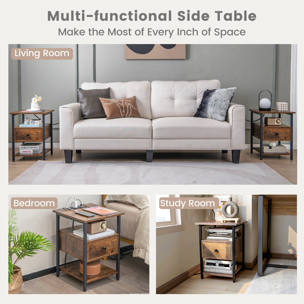 LIVSK Nachtkastjes Set met Oplaadstation - 2 Open Planken - 2 USB-poorten - Type-C Poort - 40 x 40 x 55 cm - Rustiek bruin