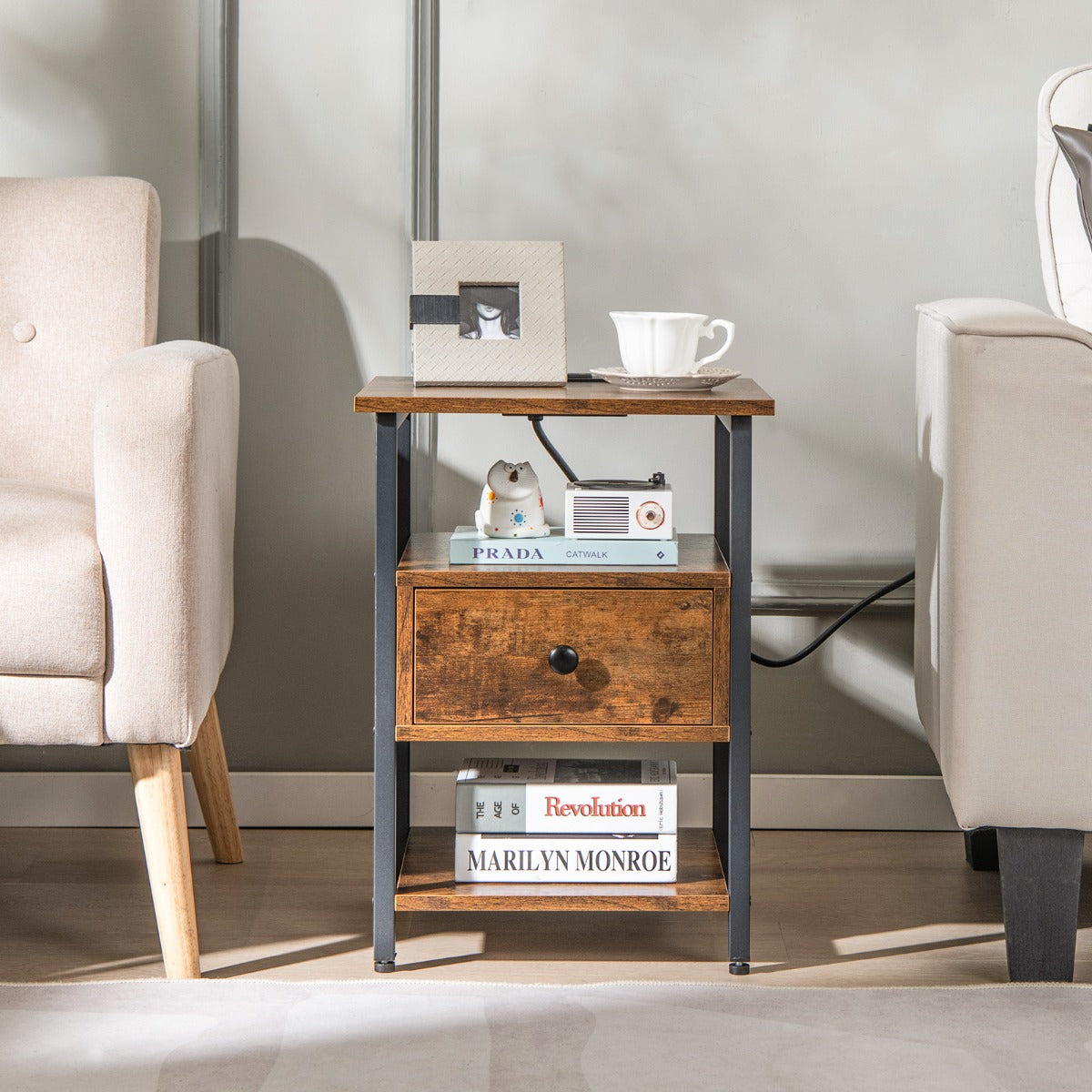LIVSK Nachtkastjes Set met Oplaadstation - 2 Open Planken - 2 USB-poorten - Type-C Poort - 40 x 40 x 55 cm - Rustiek bruin