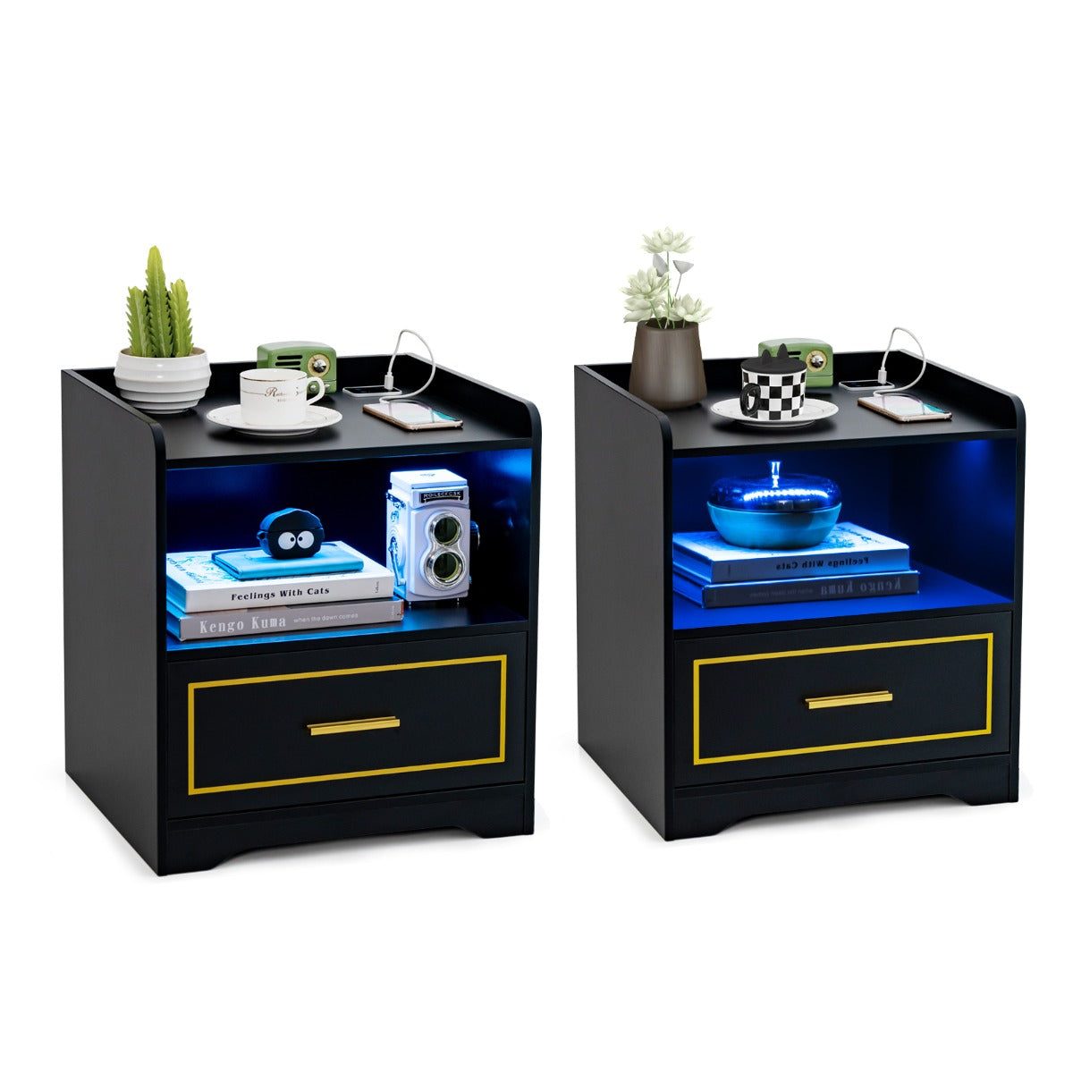 LIVSK Nachtkastje met Ledverlichting - Bewegingssensor - USB- en Type C-aansluiting - Opbergruimte - 45 x 40 x 50 cm - Zwart