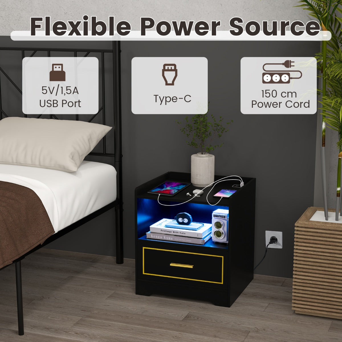 LIVSK Nachtkastje met Ledverlichting - Bewegingssensor - USB- en Type C-aansluiting - Opbergruimte - 45 x 40 x 50 cm - Zwart