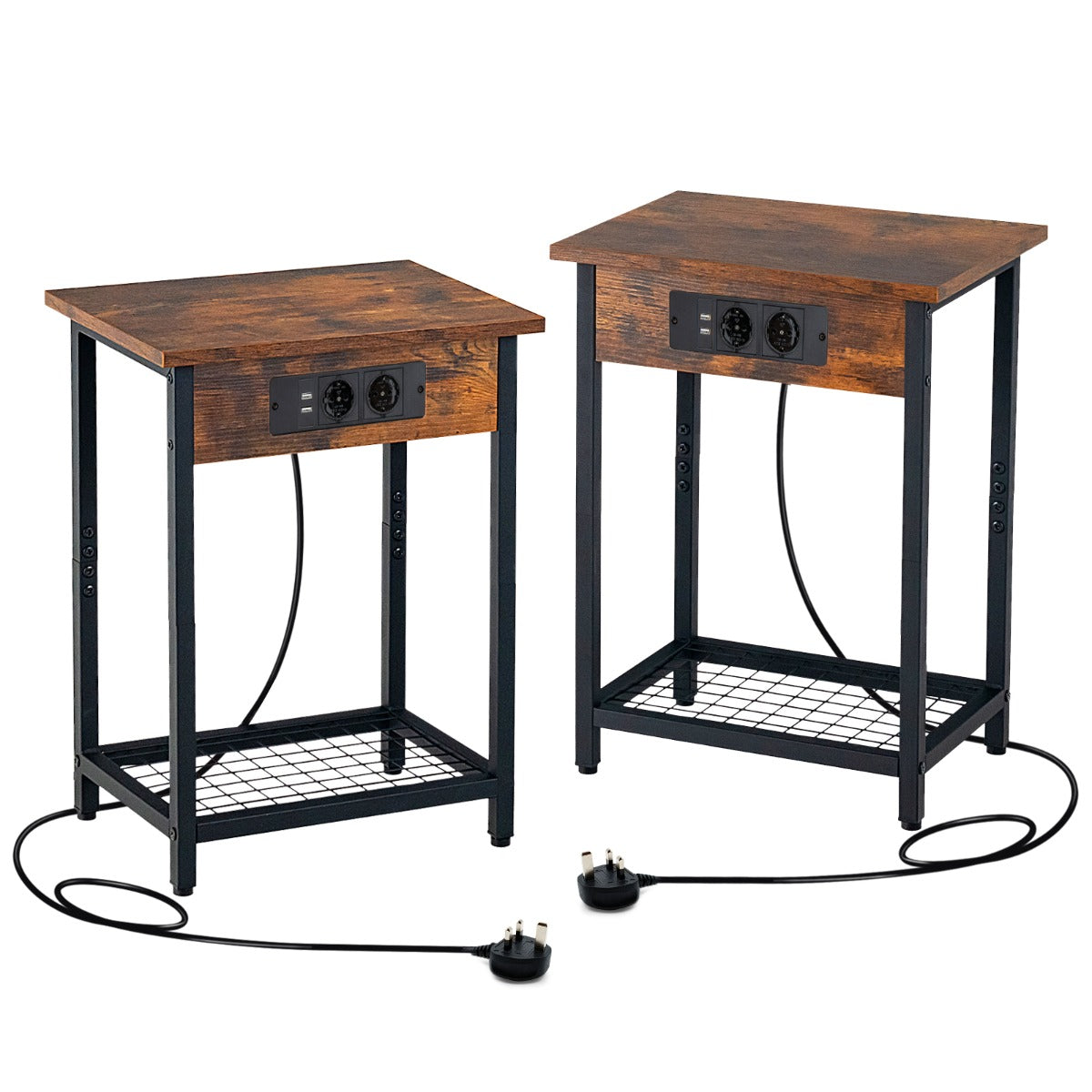 LIVSK Industriële Nachtkastjes met Oplaadstation - 2 Stopcontacten - 2 USB-poorten - Metalen Onderstel - 40 x 30 x 54 cm -