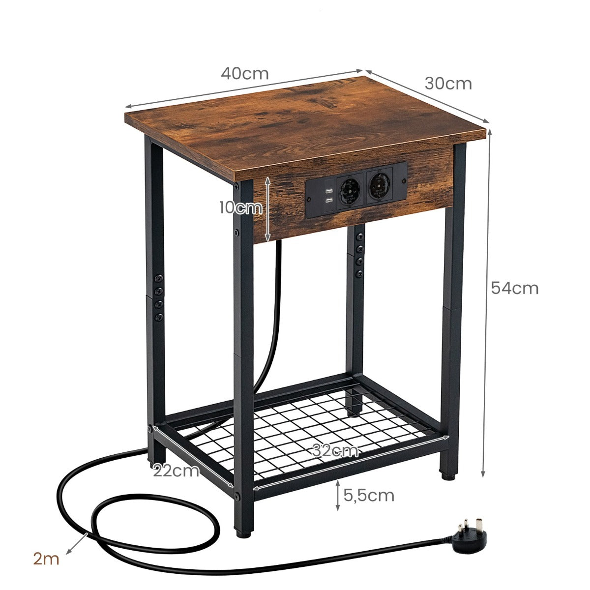 LIVSK Industriële Nachtkastjes met Oplaadstation - 2 Stopcontacten - 2 USB-poorten - Metalen Onderstel - 40 x 30 x 54 cm -