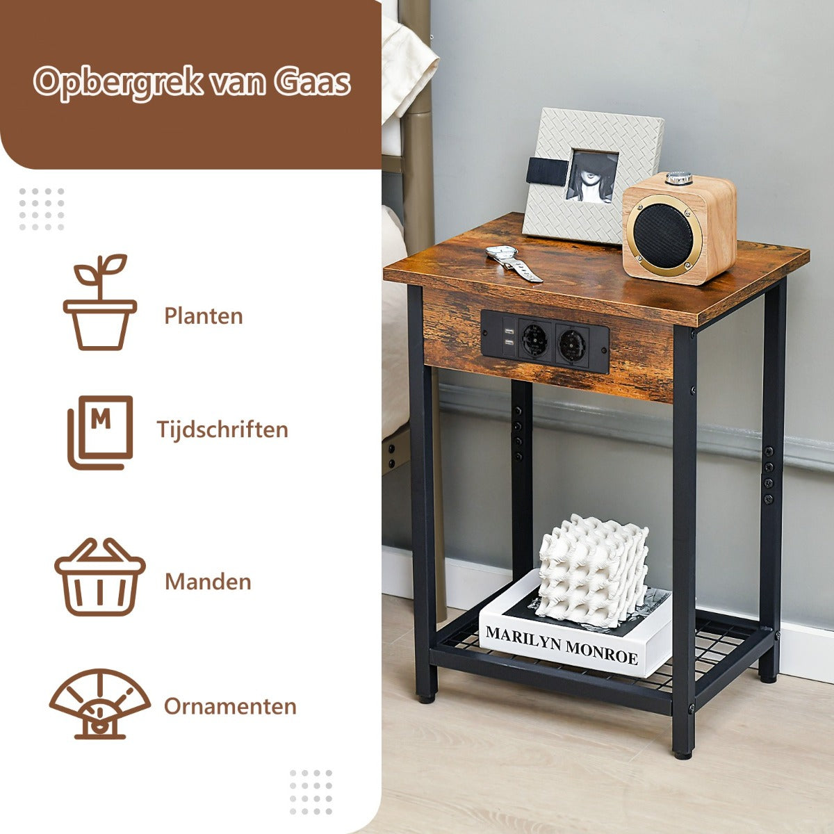 LIVSK Industriële Nachtkastjes met Oplaadstation - 2 Stopcontacten - 2 USB-poorten - Metalen Onderstel - 40 x 30 x 54 cm -