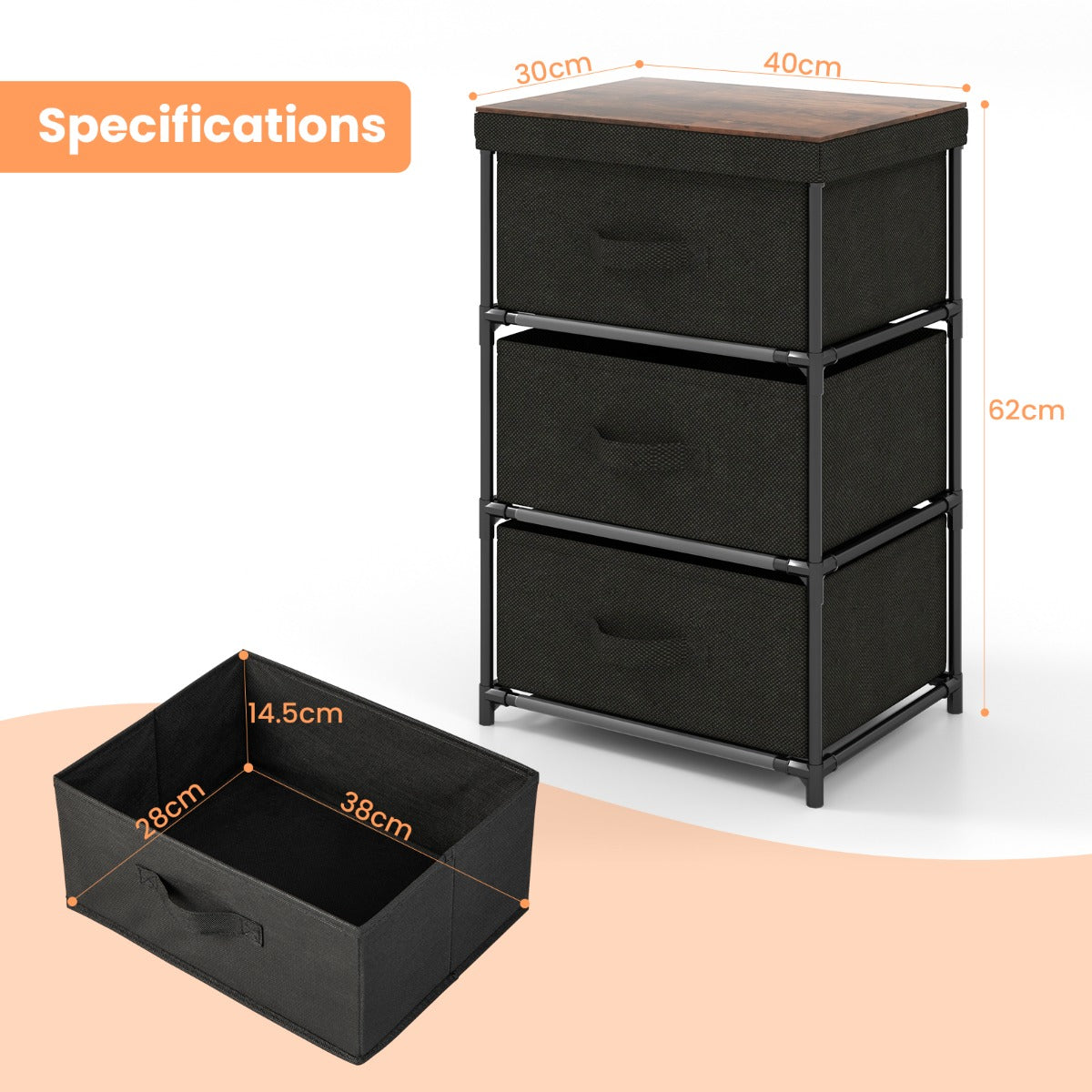 LIVSK Opberglade met 3 Laden - Stevig Metalen Frame - Opvouwbare Laden - Voor Kleding en Boeken - 40 x 30 x 62 cm - Zwart