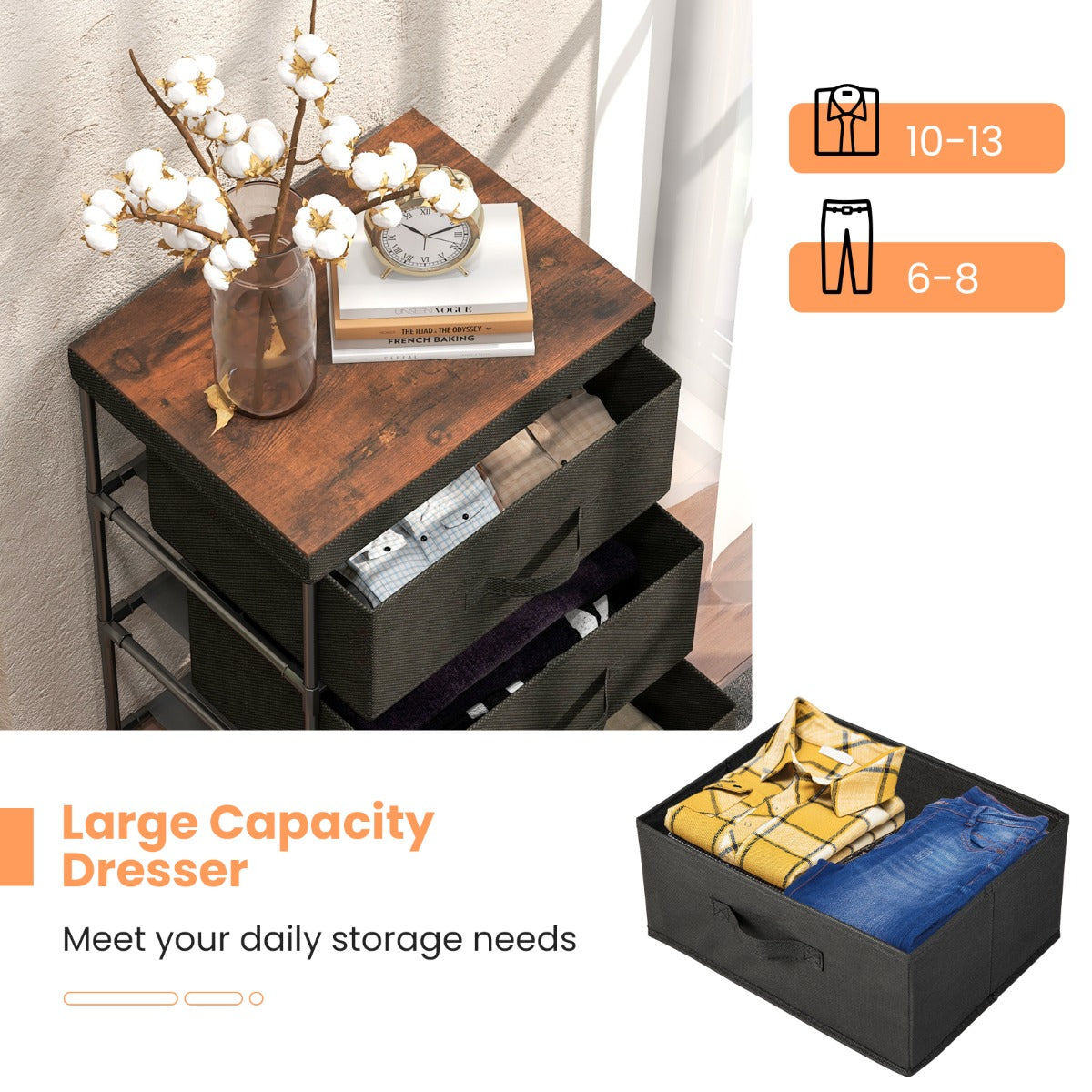LIVSK Opberglade met 3 Laden - Stevig Metalen Frame - Opvouwbare Laden - Voor Kleding en Boeken - 40 x 30 x 62 cm - Zwart
