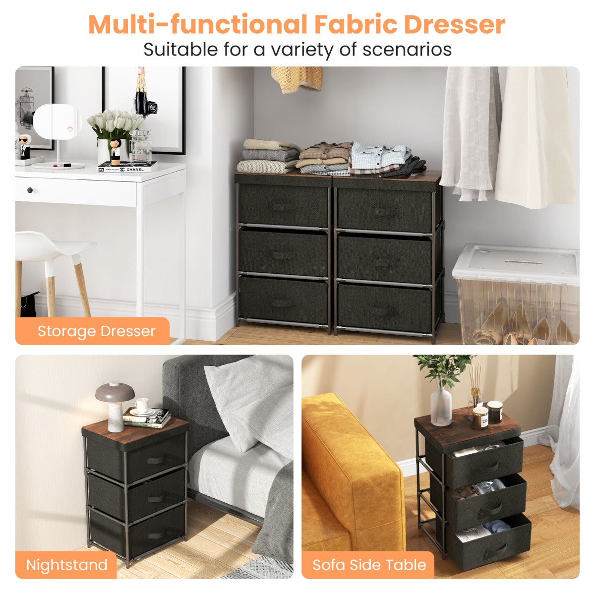 LIVSK Opberglade met 3 Laden - Stevig Metalen Frame - Opvouwbare Laden - Voor Kleding en Boeken - 40 x 30 x 62 cm - Zwart