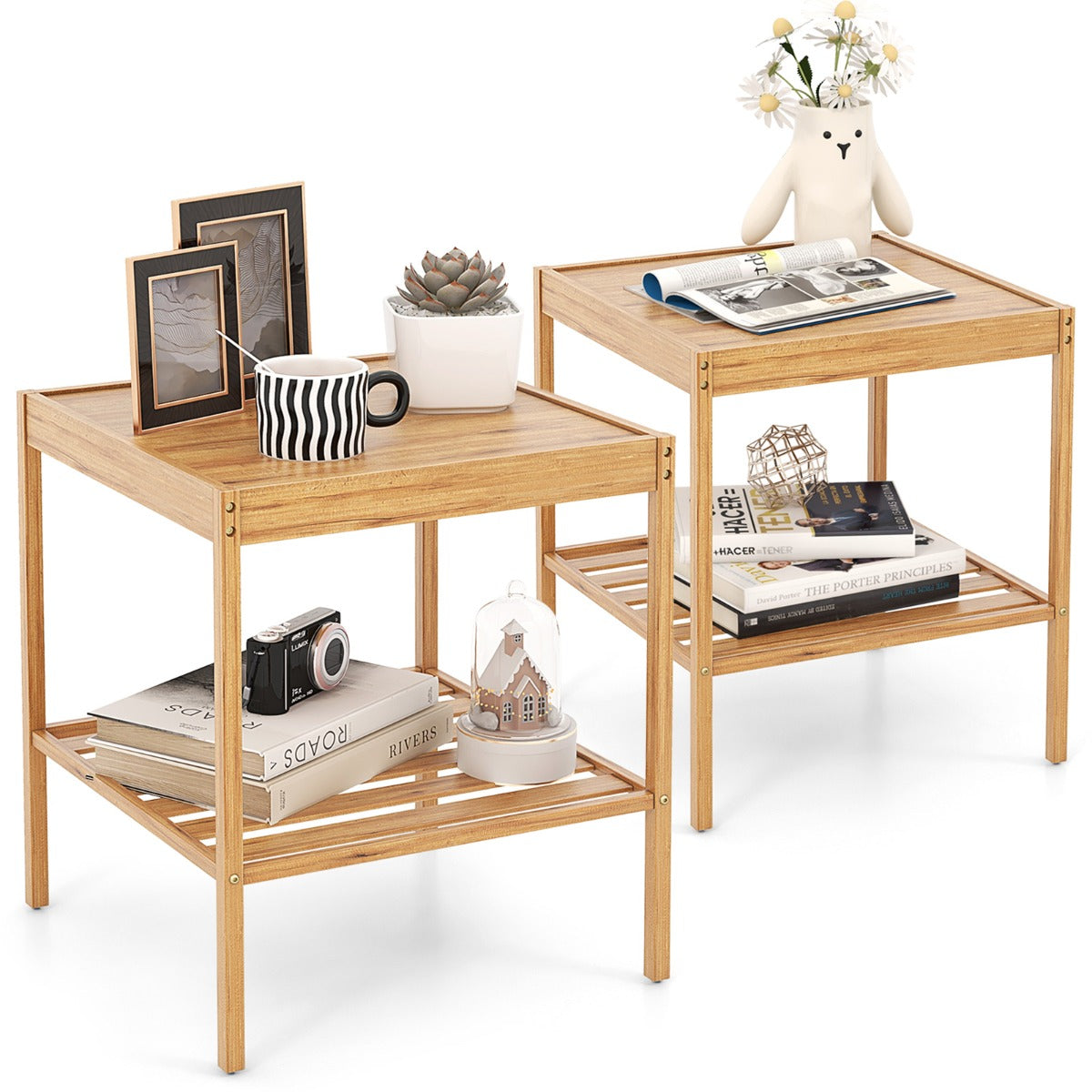 Livsk costway set van 2 nachtkastjes van bamboe bijzettafel met 2 niveaus natuurlijke stijl hoofdeinde voor bank 40 x 40 x 45 cm