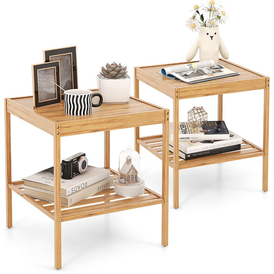 Livsk costway set van 2 nachtkastjes van bamboe bijzettafel met 2 niveaus natuurlijke stijl hoofdeinde voor bank 40 x 40 x 45 cm