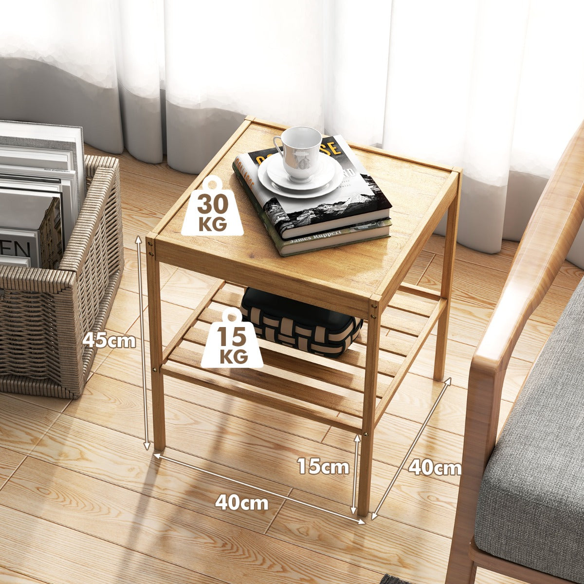 Livsk costway set van 2 nachtkastjes van bamboe bijzettafel met 2 niveaus natuurlijke stijl hoofdeinde voor bank 40 x 40 x 45 cm