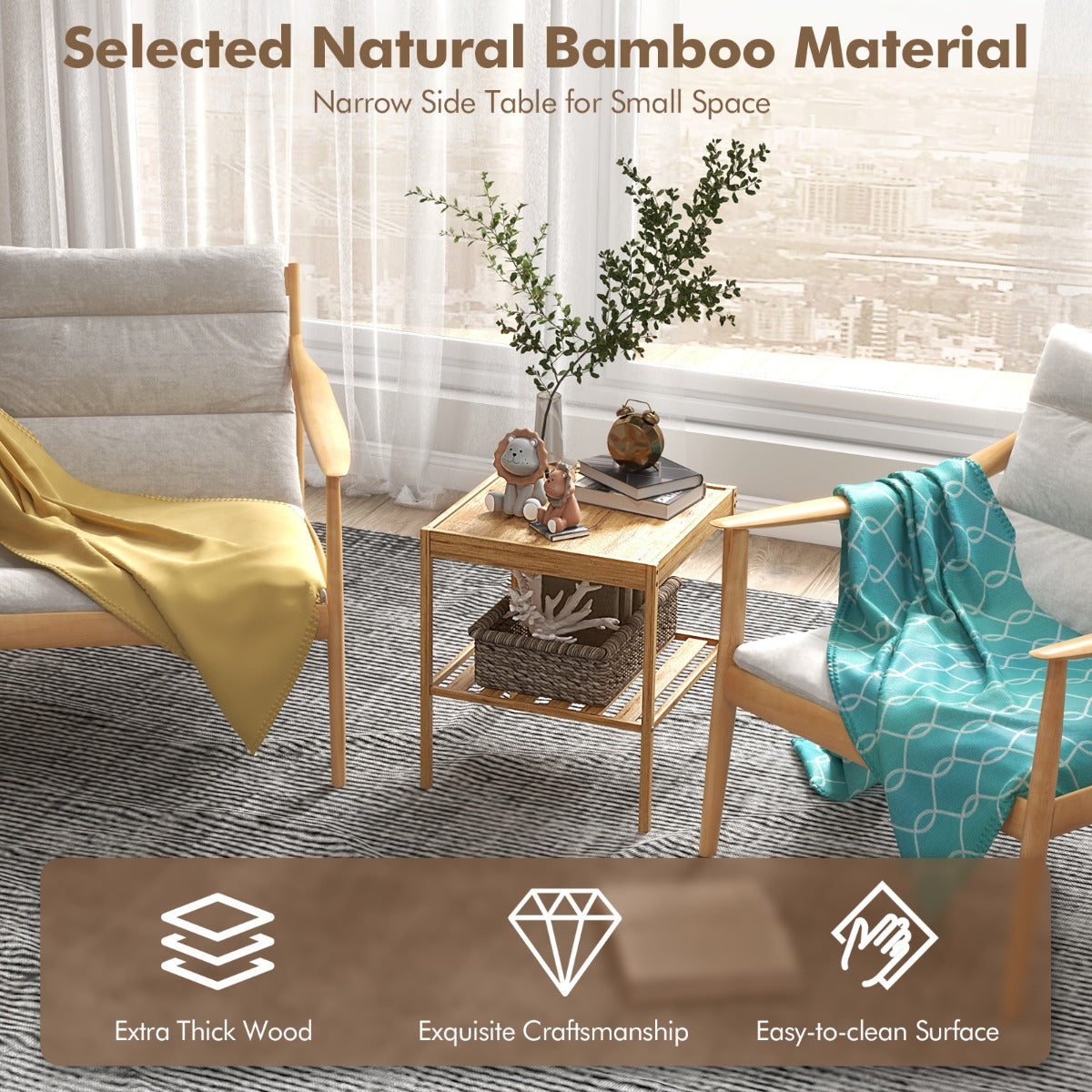 Livsk costway set van 2 nachtkastjes van bamboe bijzettafel met 2 niveaus natuurlijke stijl hoofdeinde voor bank 40 x 40 x 45 cm