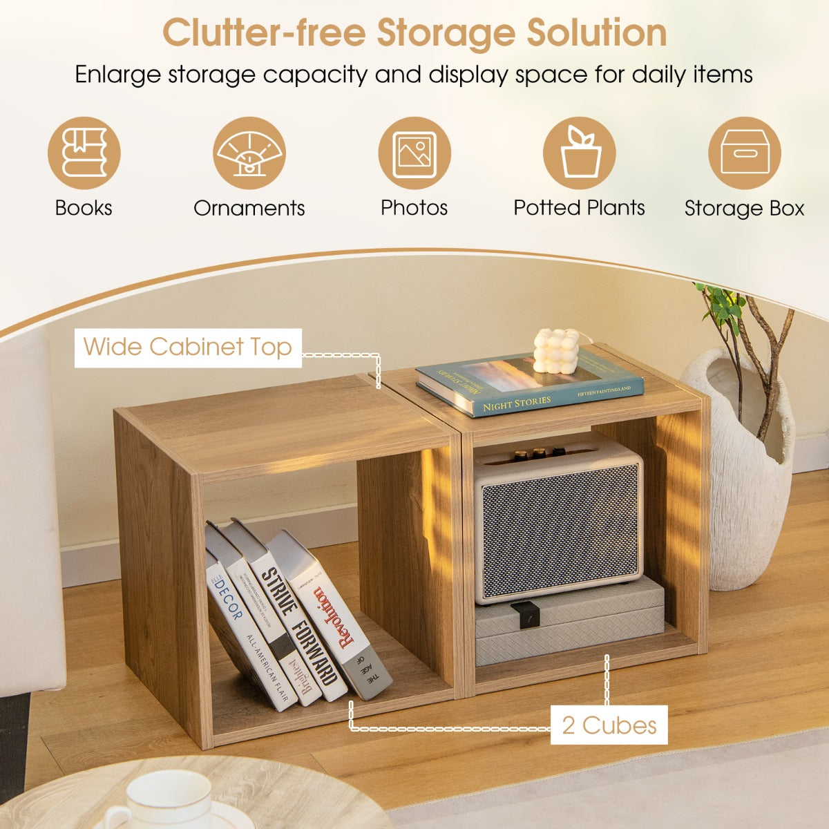 LIVSK modulaire kubuskast met 2 stapelbare opbergkubussen - Duurzaam hout - Anti-kantelbeveiliging - Voor boeken en decoratie -