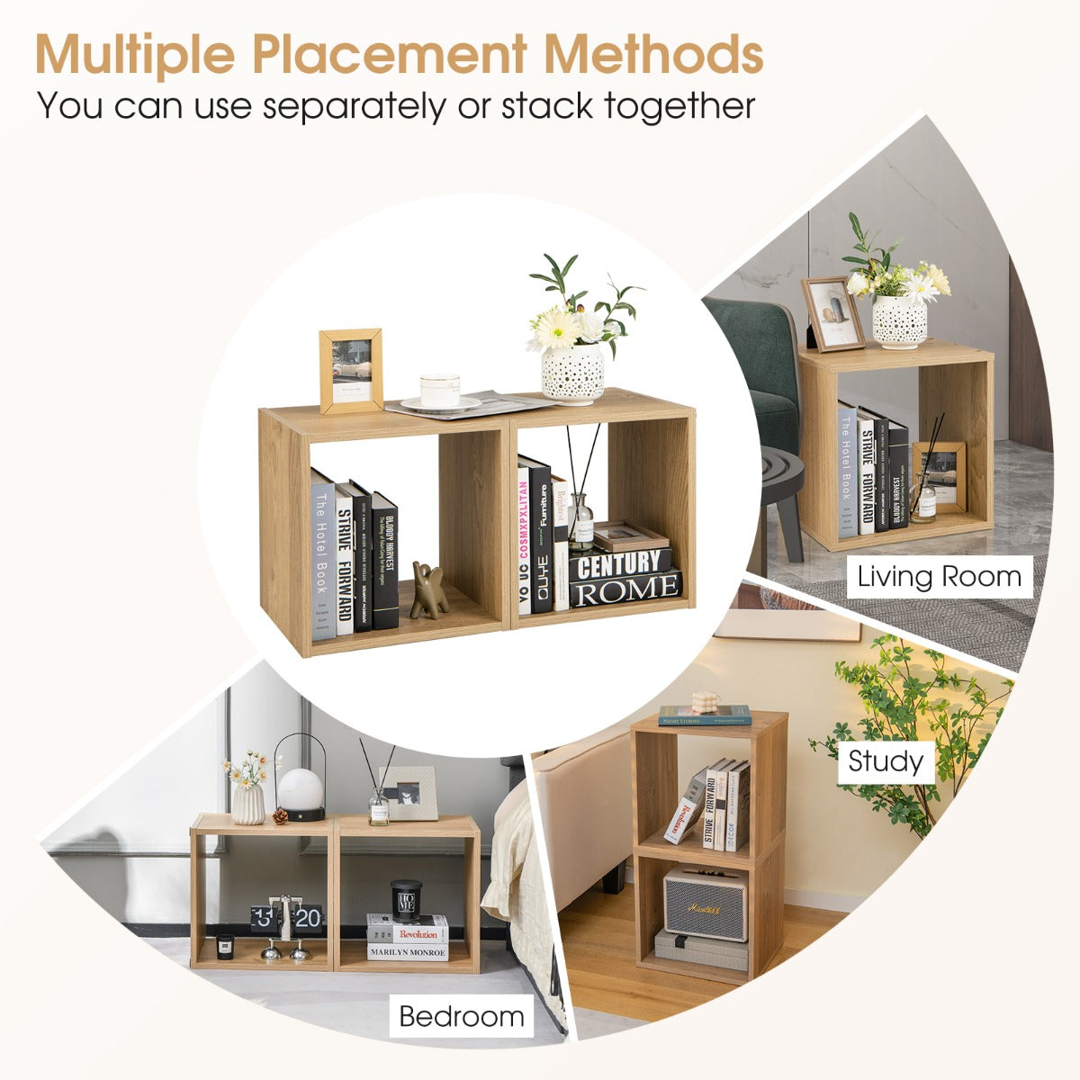 LIVSK modulaire kubuskast met 2 stapelbare opbergkubussen - Duurzaam hout - Anti-kantelbeveiliging - Voor boeken en decoratie -
