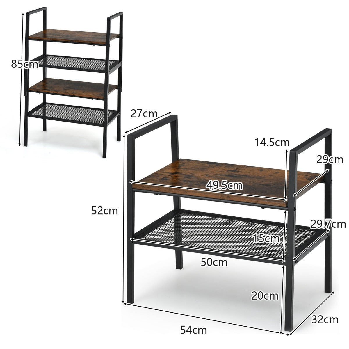 LIVSK Bijzettafel - Industriële Stijl met Houten en Stalen Planken - Compact en Stapelbaar - 54 x 32 x 52 cm - Bruin+Zwart