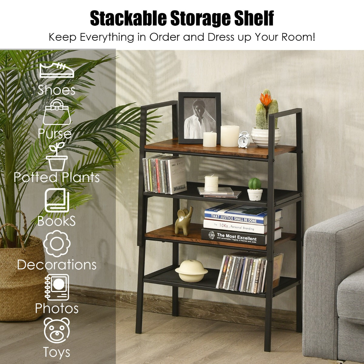 LIVSK Bijzettafel - Industriële Stijl met Houten en Stalen Planken - Compact en Stapelbaar - 54 x 32 x 52 cm - Bruin+Zwart