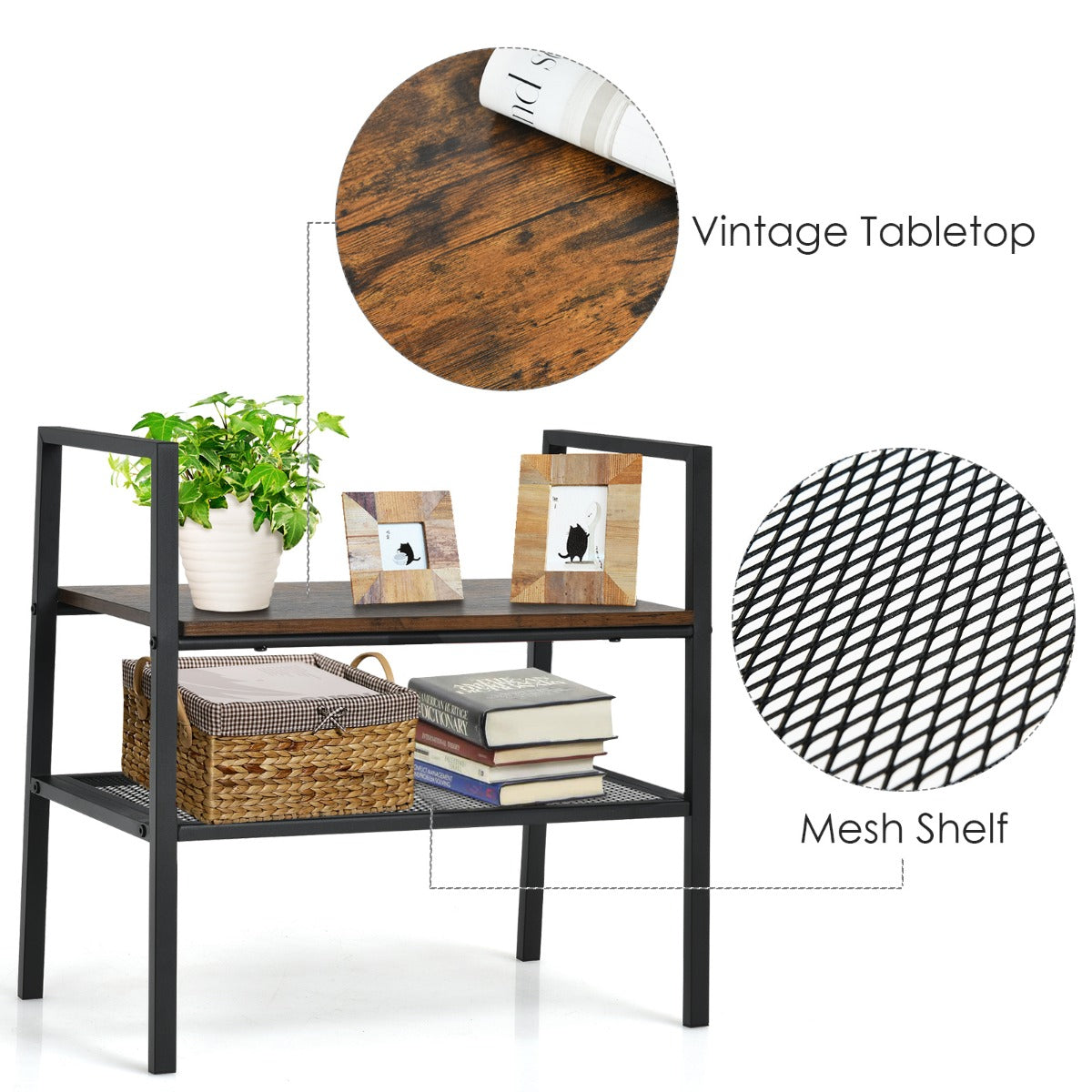 LIVSK Bijzettafel - Industriële Stijl met Houten en Stalen Planken - Compact en Stapelbaar - 54 x 32 x 52 cm - Bruin+Zwart