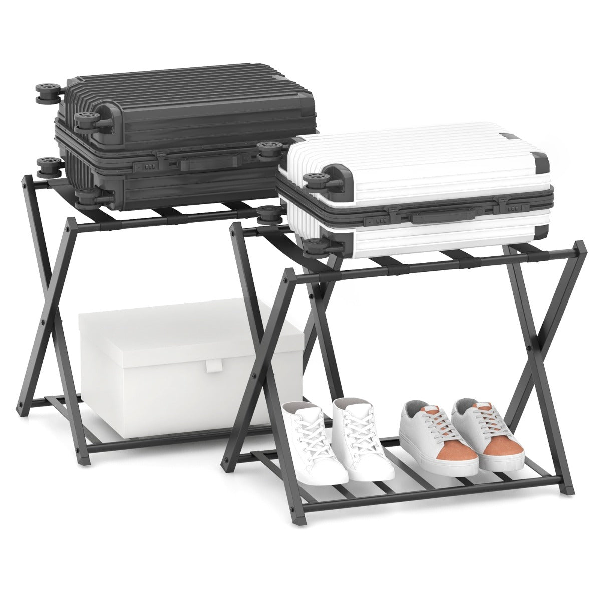 LIVSK Opvouwbaar Kofferstandaard met 2 Niveaus - Stevig Metaal - Antislip Glijders - Tot 50 kg - 68 x 45 x 57 cm - Zwart