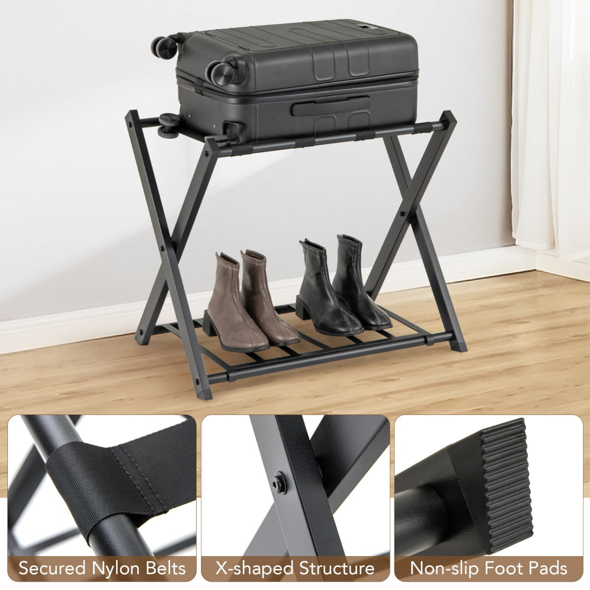 LIVSK Opvouwbaar Kofferstandaard met 2 Niveaus - Stevig Metaal - Antislip Glijders - Tot 50 kg - 68 x 45 x 57 cm - Zwart