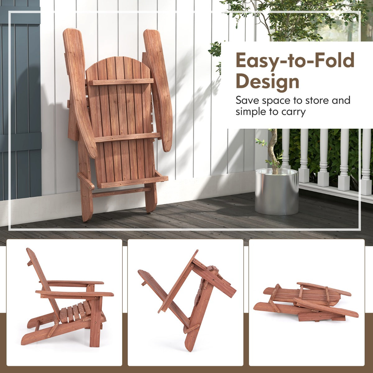 Livsk costway set van 2 opvouwbare adirondack stoelen houten opvouwbare stoel hoge rugleuning brede armleuningen draagvermogen 180 kg 4
