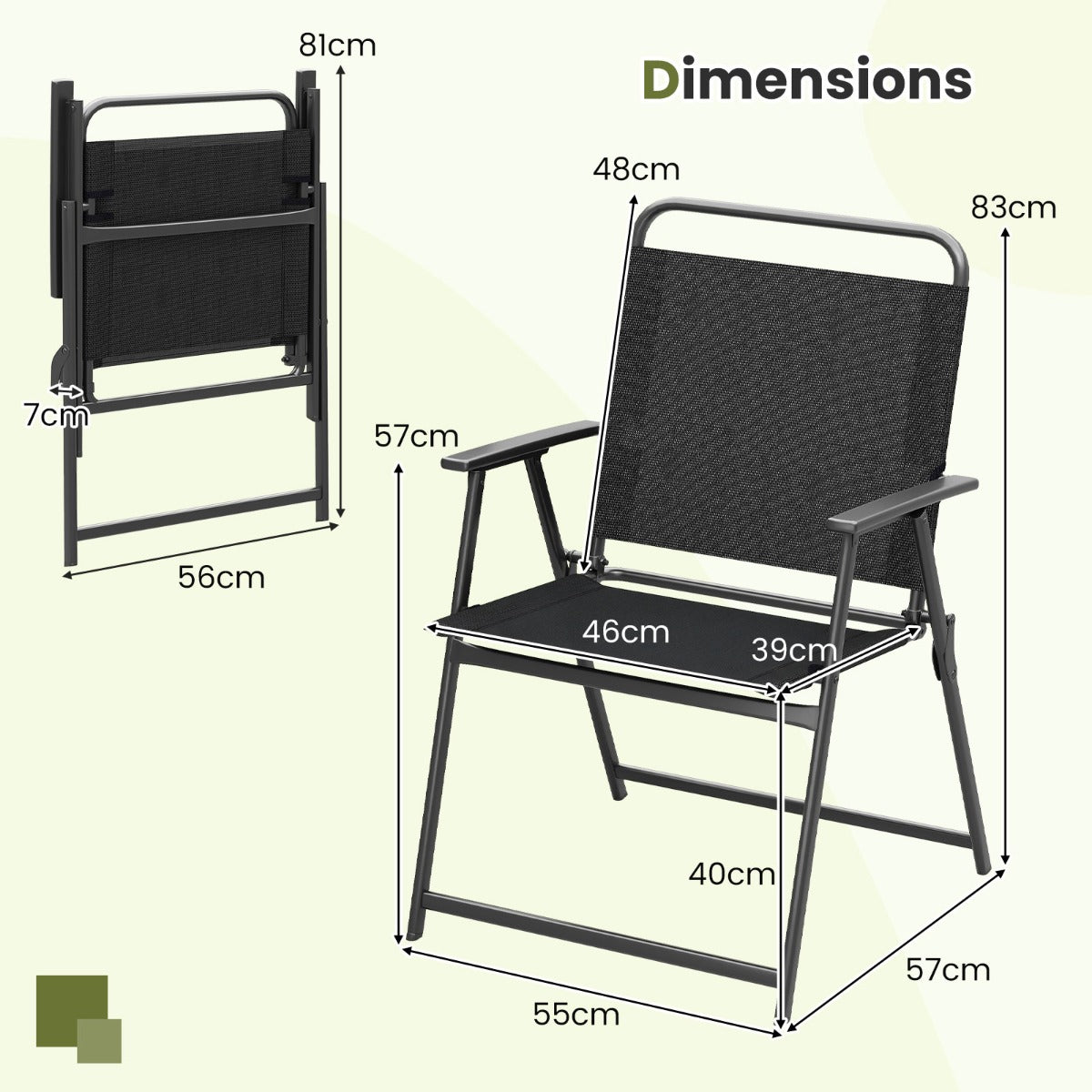 LIVSK Opvouwbare Patiostoelen Set van 2 - Stevig Metaal - Draagvermogen 150 kg - Comfortabele Rugleuning en Armleuningen - Zwart