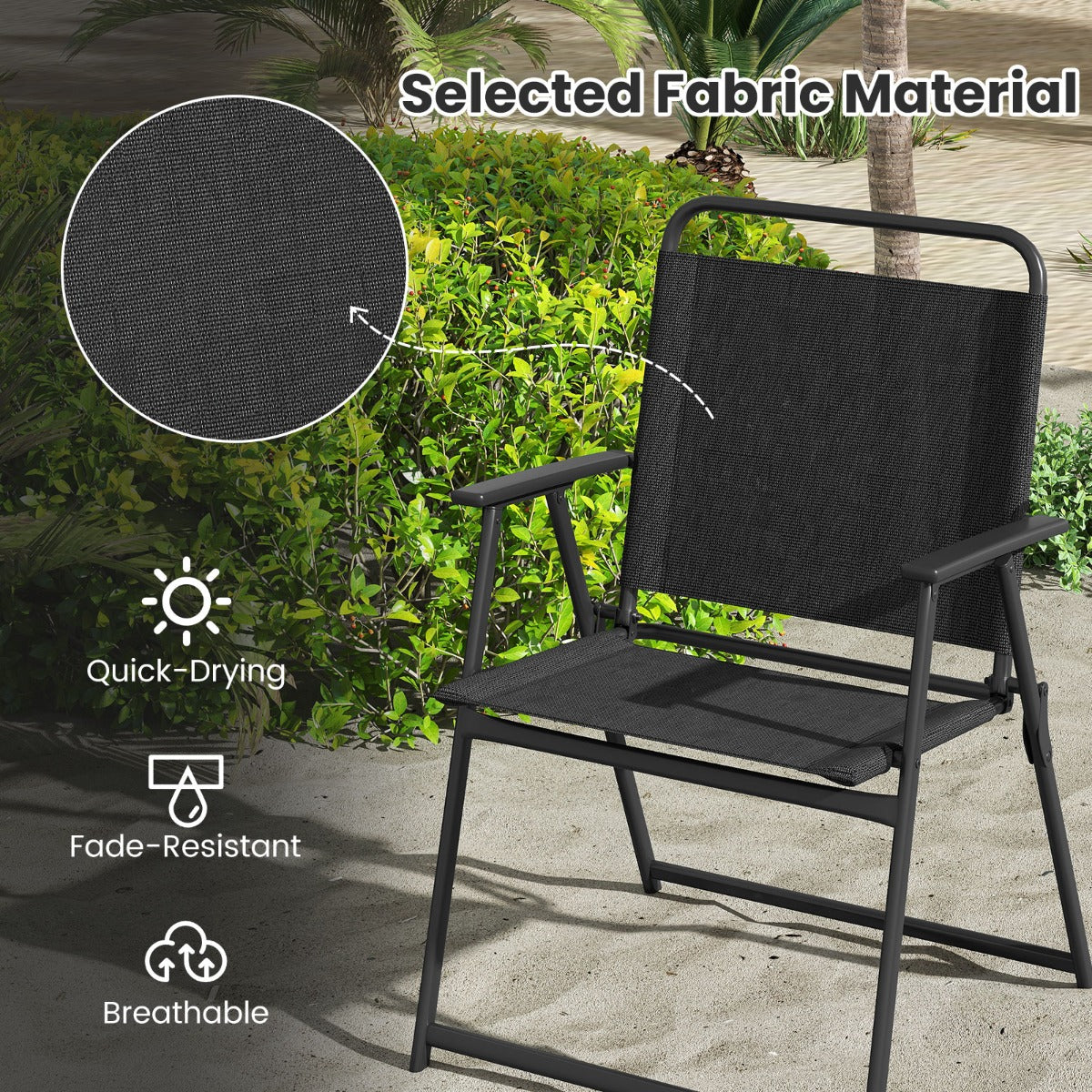 LIVSK Opvouwbare Patiostoelen Set van 2 - Stevig Metaal - Draagvermogen 150 kg - Comfortabele Rugleuning en Armleuningen - Zwart