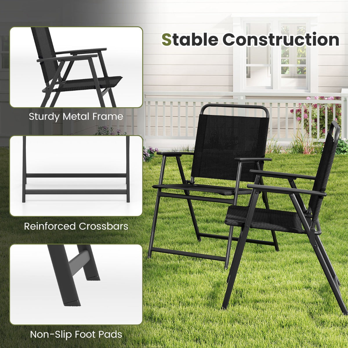 LIVSK Opvouwbare Patiostoelen Set van 2 - Stevig Metaal - Draagvermogen 150 kg - Comfortabele Rugleuning en Armleuningen - Zwart