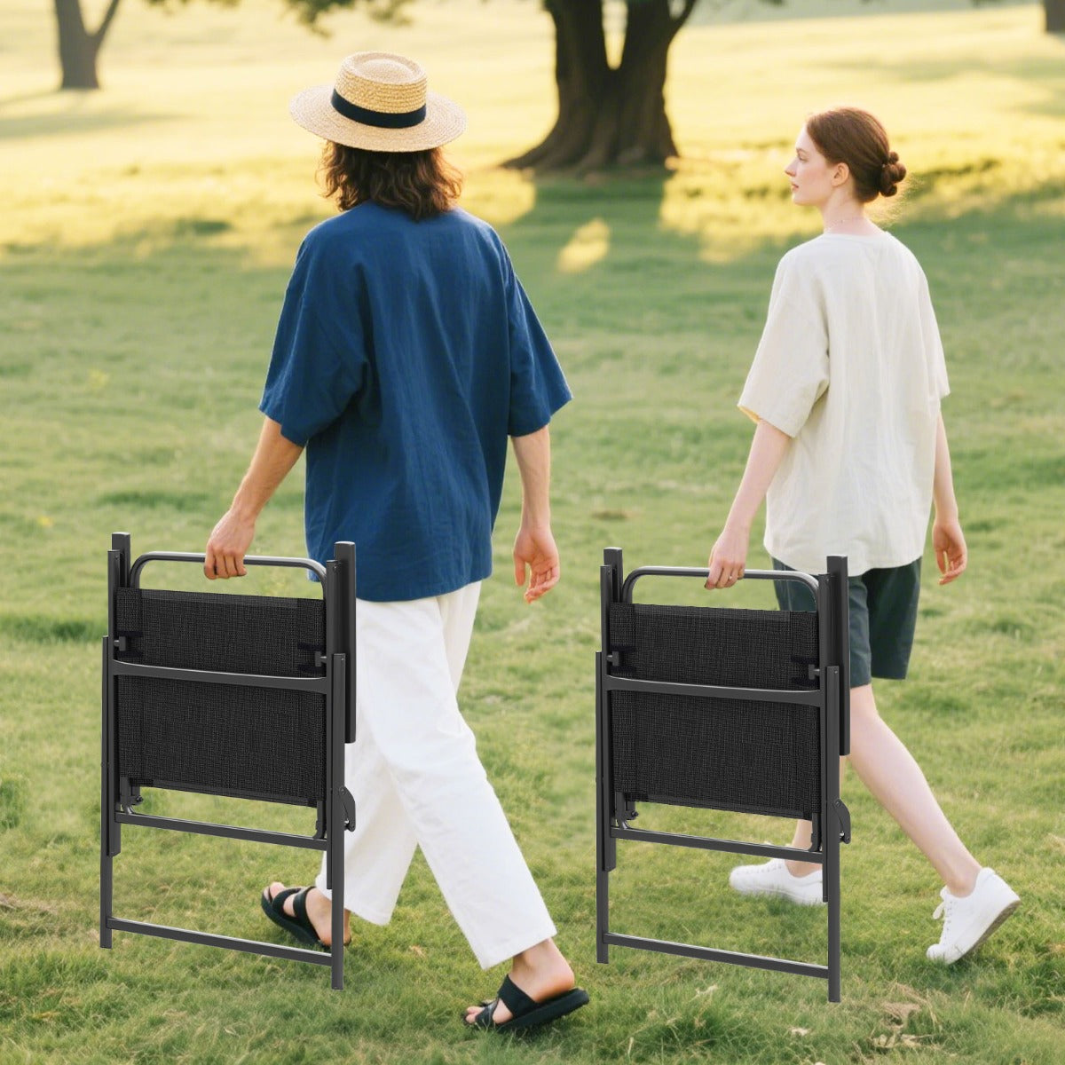 LIVSK Opvouwbare Patiostoelen Set van 2 - Stevig Metaal - Draagvermogen 150 kg - Comfortabele Rugleuning en Armleuningen - Zwart