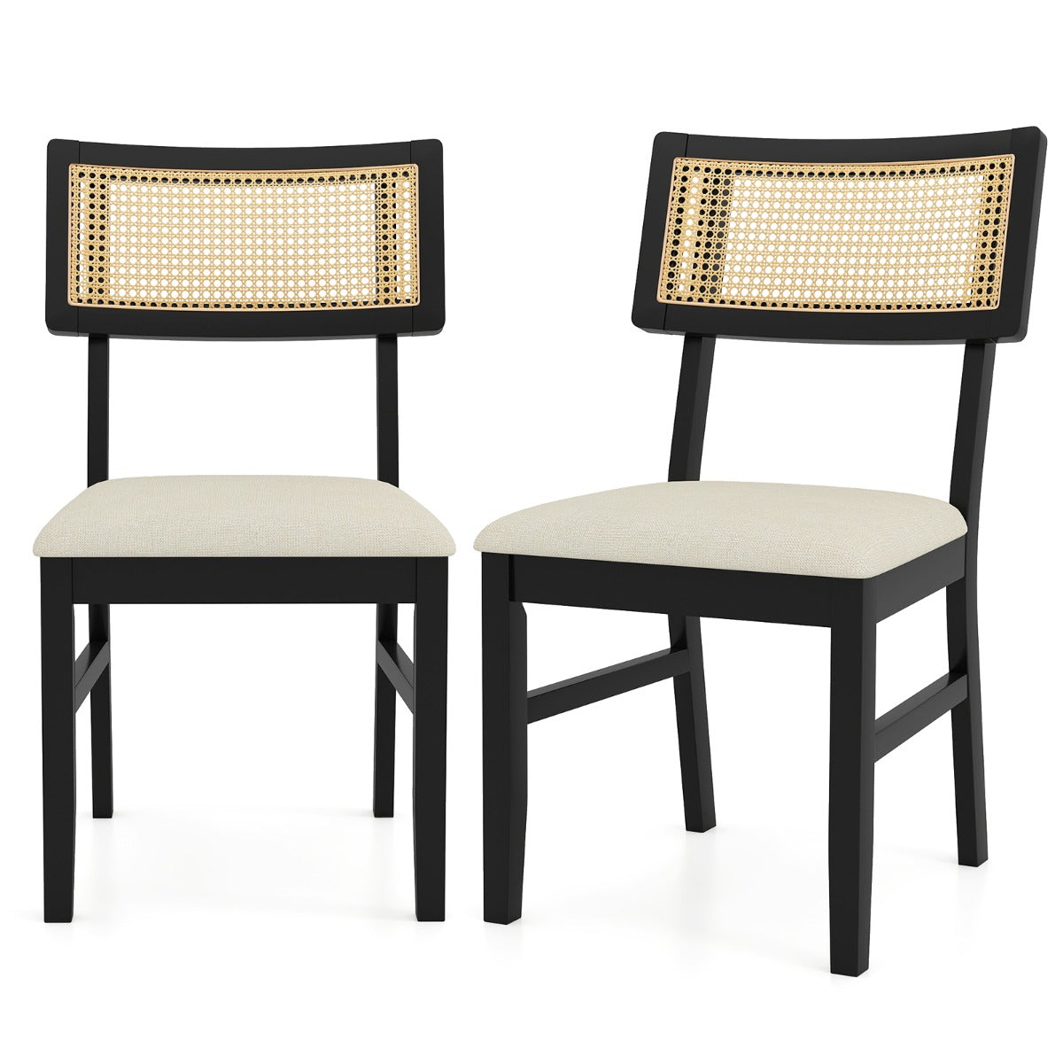 Livsk costway set van 2 rieten eetkamerstoelen keukenstoelen bekleed met stof en gewatteerde zitting