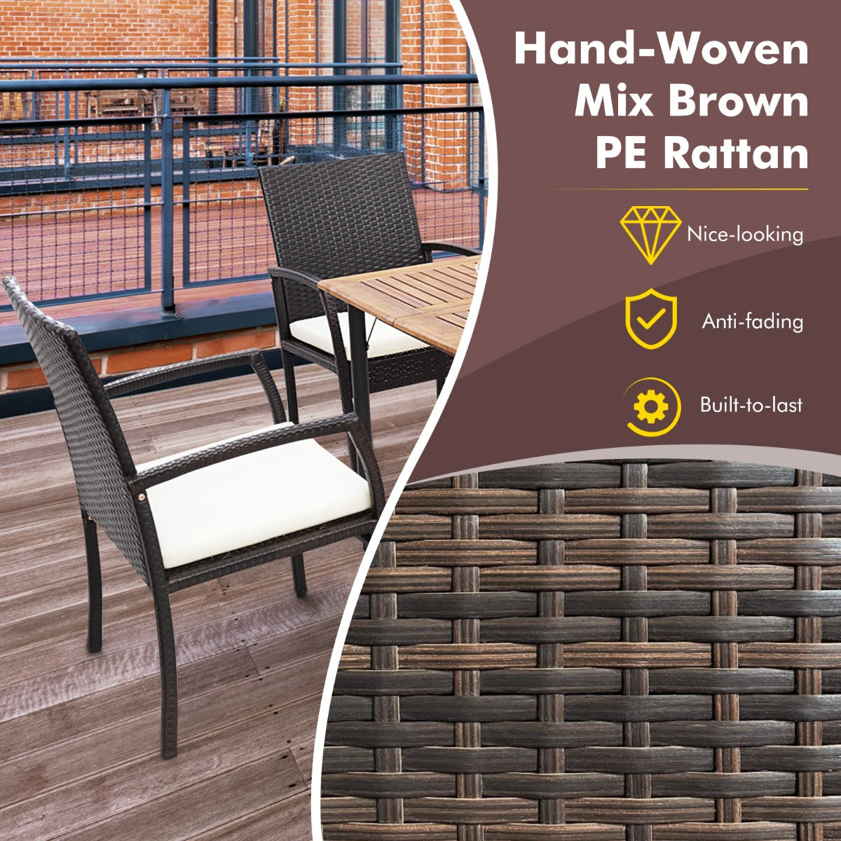 LIVSK Set van 2 Rieten Terrasstoelen - Ergonomisch Design met Comfortabel Kussen - Duurzaam PE Rotan - Bruin Melange