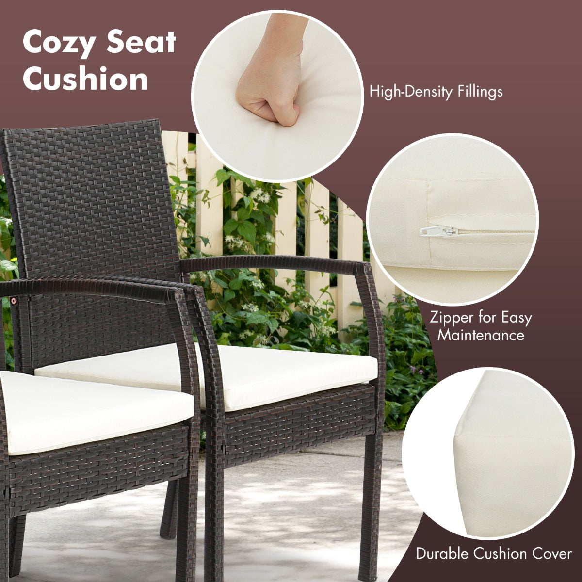 LIVSK Set van 2 Rieten Terrasstoelen - Ergonomisch Design met Comfortabel Kussen - Duurzaam PE Rotan - Bruin Melange