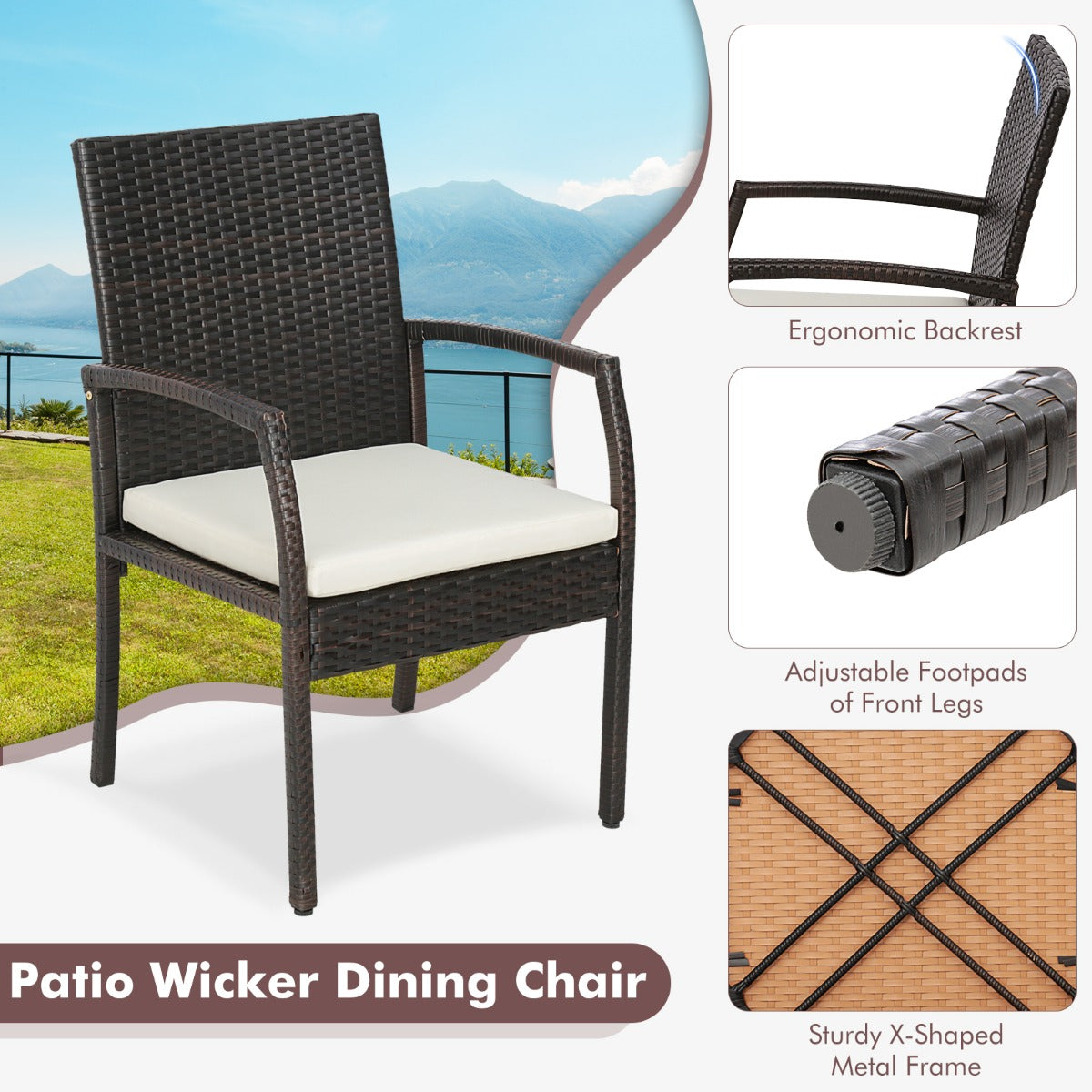 LIVSK Set van 2 Rieten Terrasstoelen - Ergonomisch Design met Comfortabel Kussen - Duurzaam PE Rotan - Bruin Melange