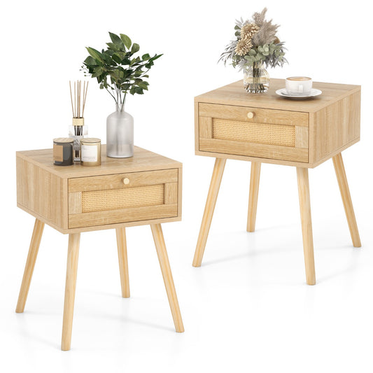 LIVSK Bohemian Nachtkastje - Rotan Deur - Ruime Opberglade - Taps Toelopende Houten Poten - 40 x 40 x 55 cm - Natuurlijk