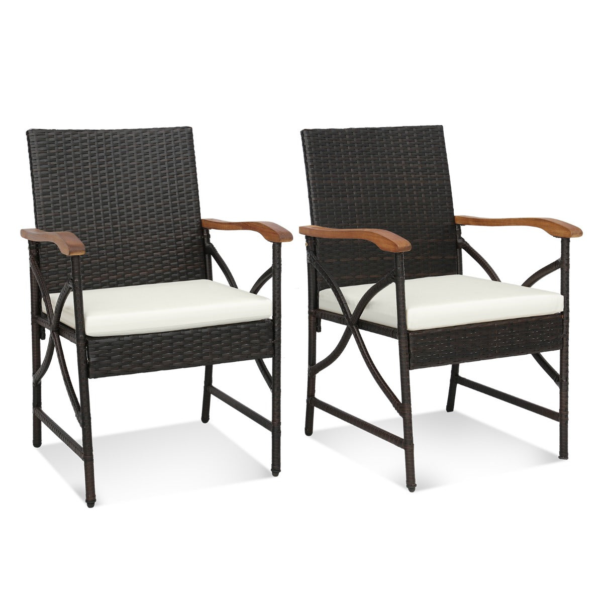 LIVSK Terrasstoelset van Rotan - Ergonomische Rugleuning en Armleuningen - Zithoogte 40 cm - Inclusief Kussens - Gemengd Bruin