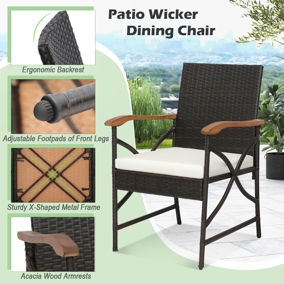 LIVSK Terrasstoelset van Rotan - Ergonomische Rugleuning en Armleuningen - Zithoogte 40 cm - Inclusief Kussens - Gemengd Bruin