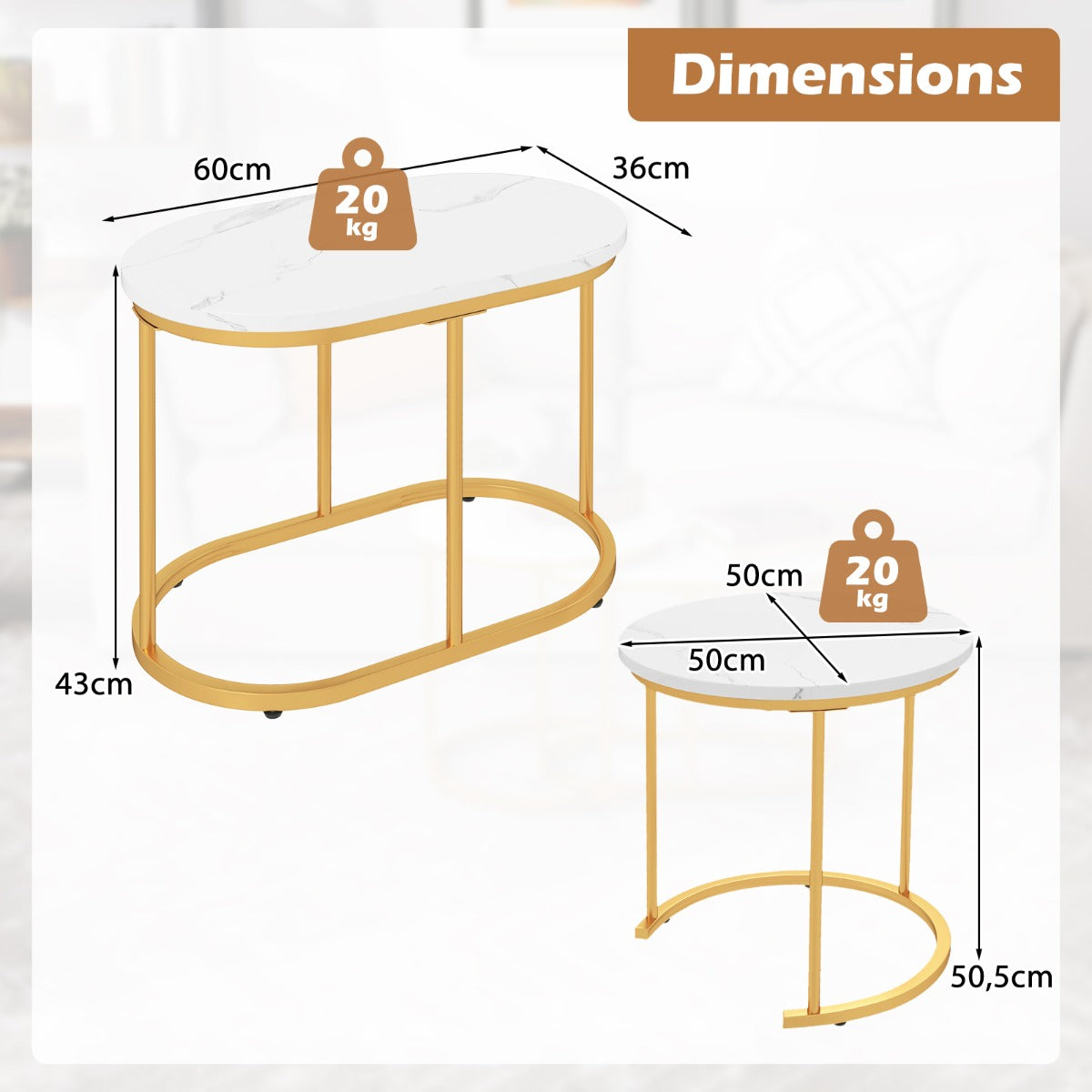 LIVSK Koffietafelset van 2 - Robuust Stalen Frame - Ruimtebesparend en Elegant - Marmerlook en Goud