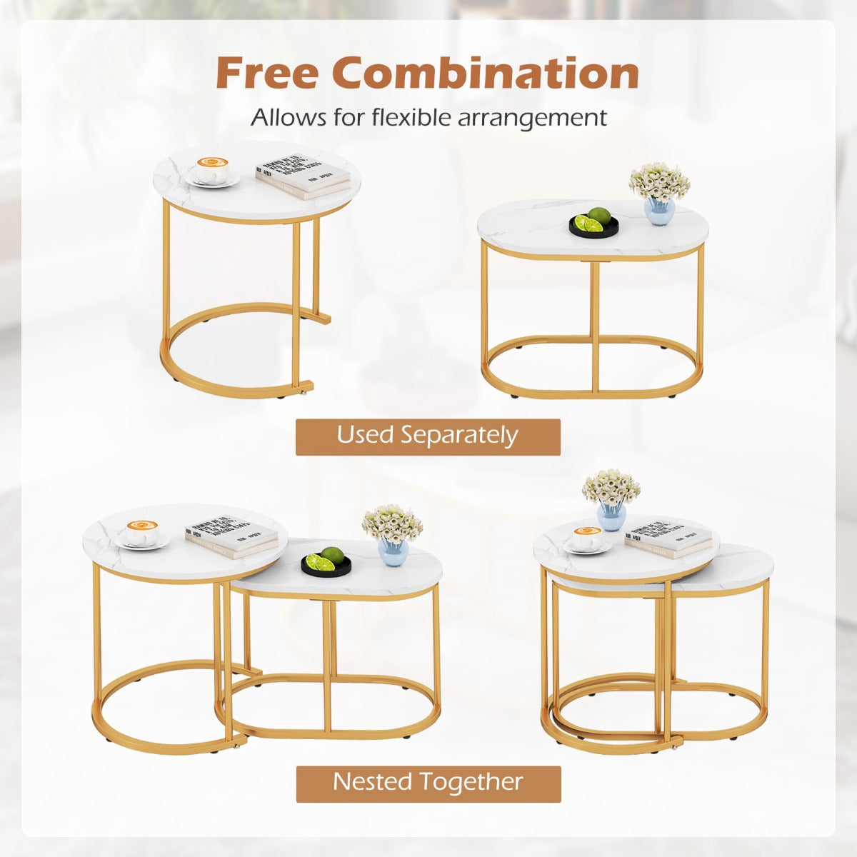 LIVSK Koffietafelset van 2 - Robuust Stalen Frame - Ruimtebesparend en Elegant - Marmerlook en Goud