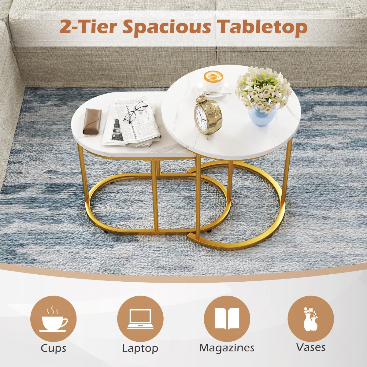 LIVSK Koffietafelset van 2 - Robuust Stalen Frame - Ruimtebesparend en Elegant - Marmerlook en Goud