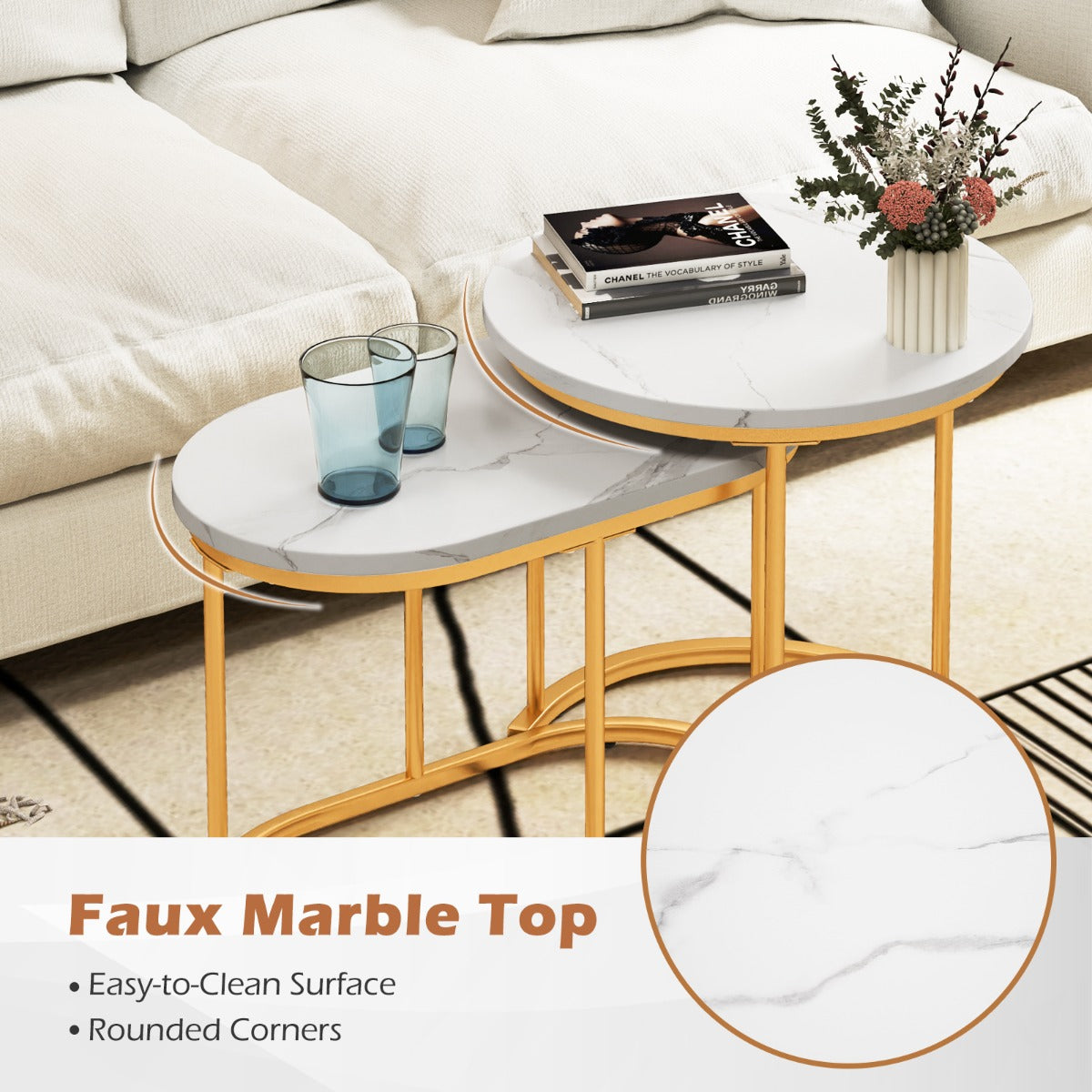 LIVSK Koffietafelset van 2 - Robuust Stalen Frame - Ruimtebesparend en Elegant - Marmerlook en Goud