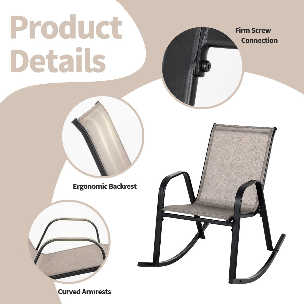 LIVSK Schommelstoelen Set van 2 - Ergonomisch Ontwerp - Ademend en Scheurvast - Robuust Metaal - 91 x 62 x 86 cm - Bruin