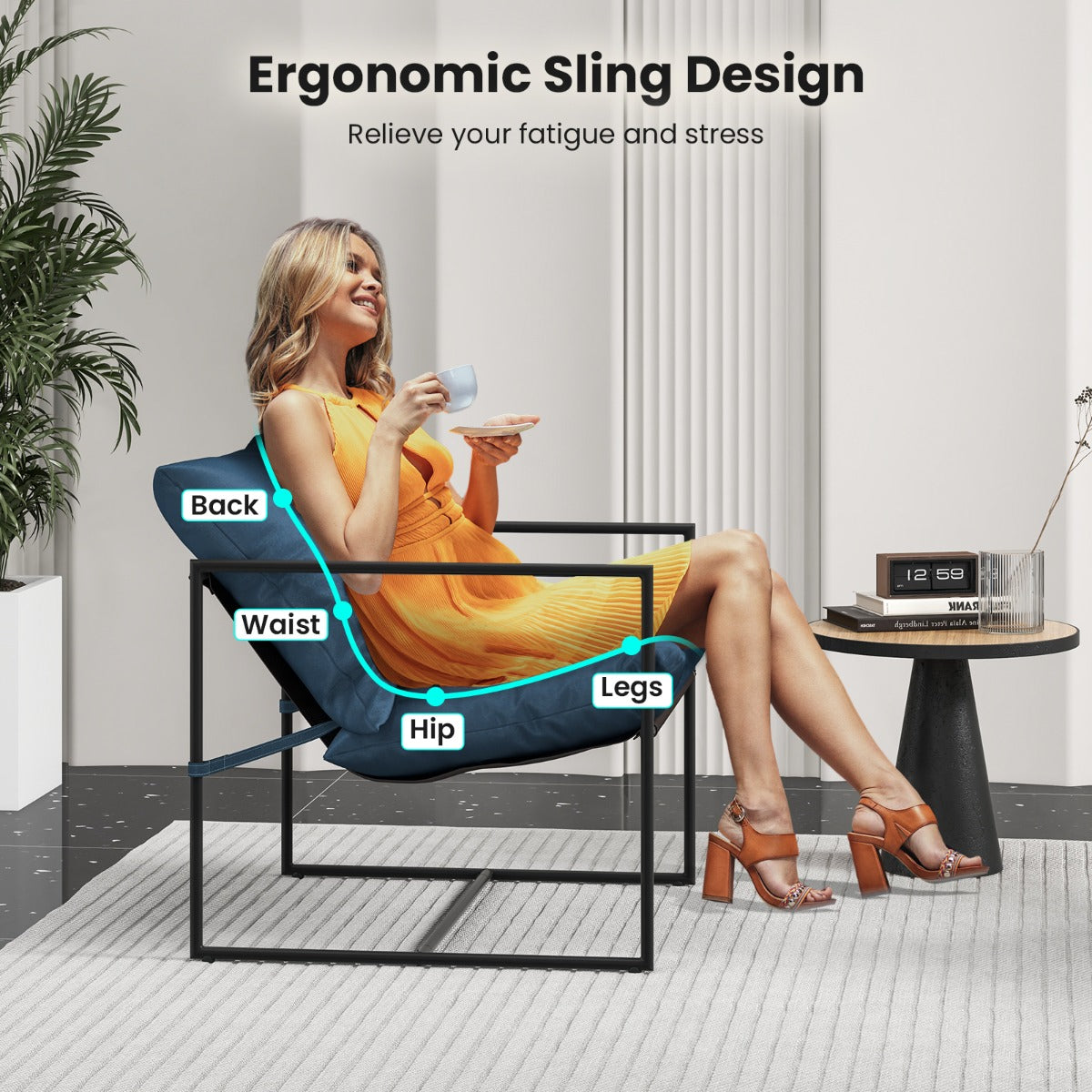 LIVSK Ergonomische Vrijetijdsstoelen Set van 2 - Uniek Slingontwerp - Scheurvast en Ademend - Comfortabele Kussens - Zwart/Navy