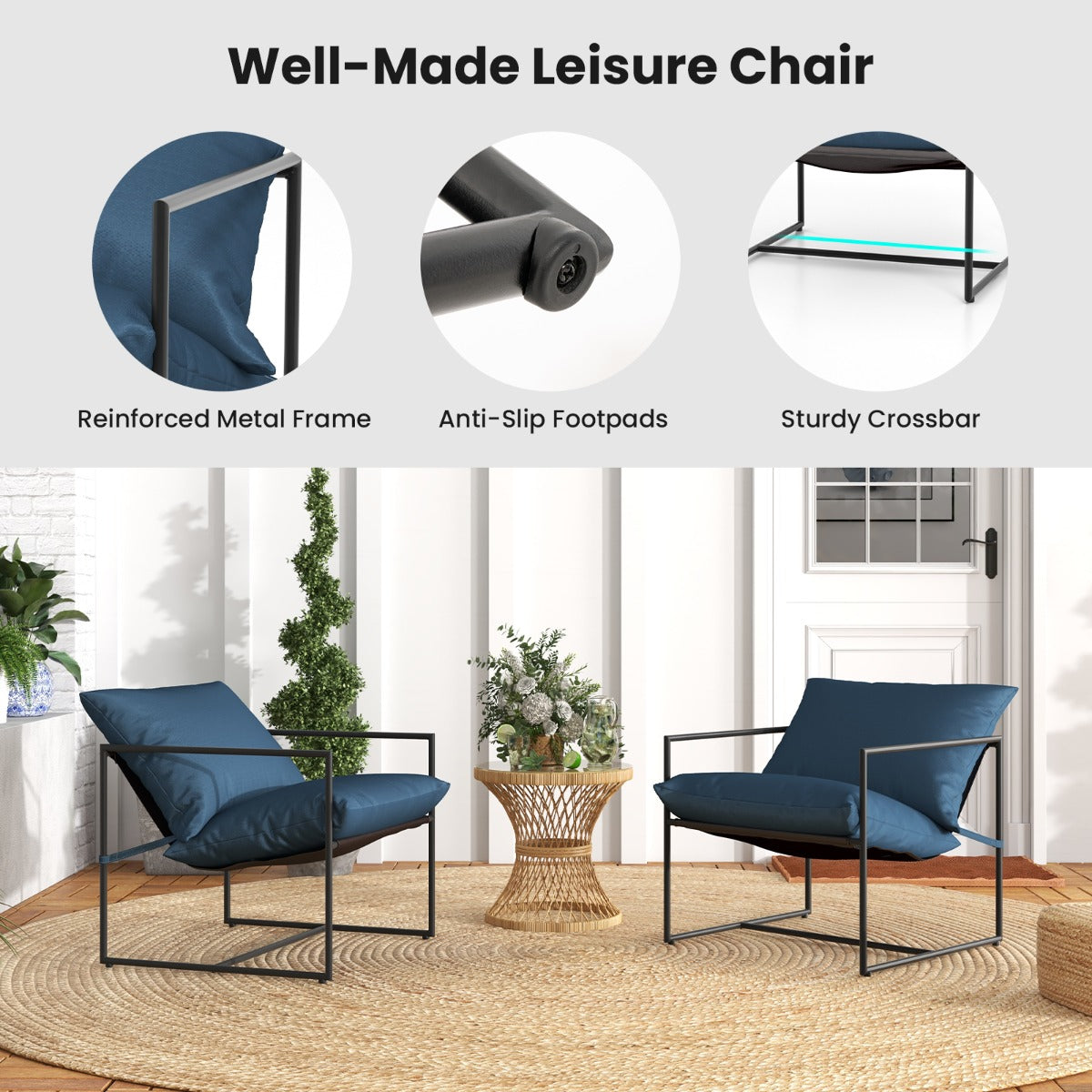 LIVSK Ergonomische Vrijetijdsstoelen Set van 2 - Uniek Slingontwerp - Scheurvast en Ademend - Comfortabele Kussens - Zwart/Navy