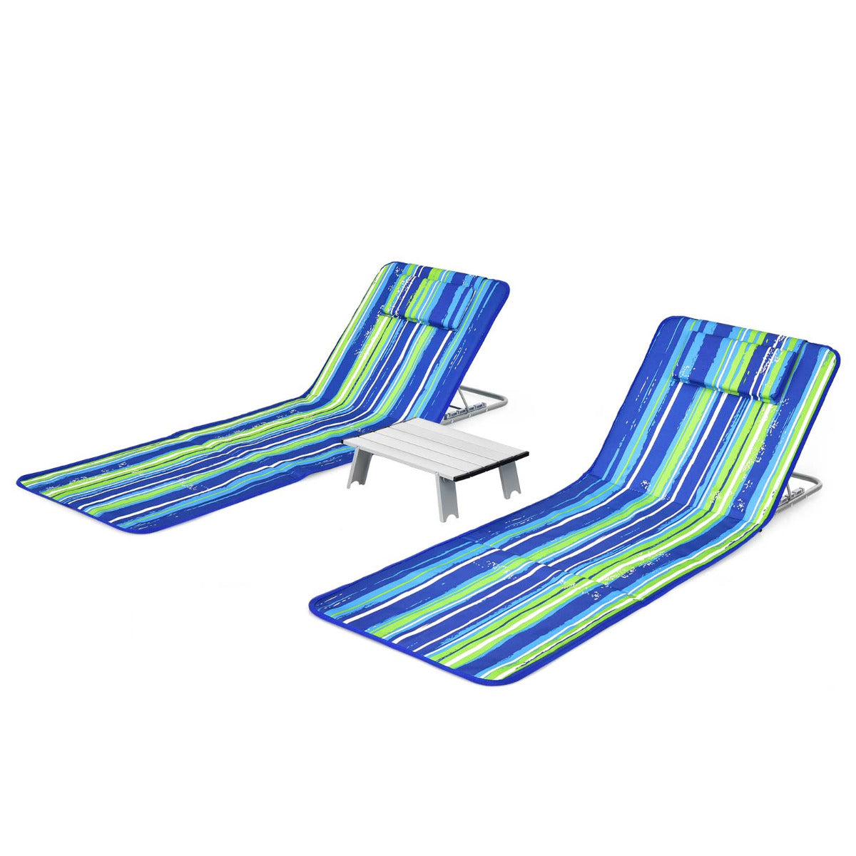 LIVSK 3-delige opvouwbare matset - Ademend en weerbestendig - 5-standen verstelbare rugleuning - Inclusief tafel - Blauw & groen