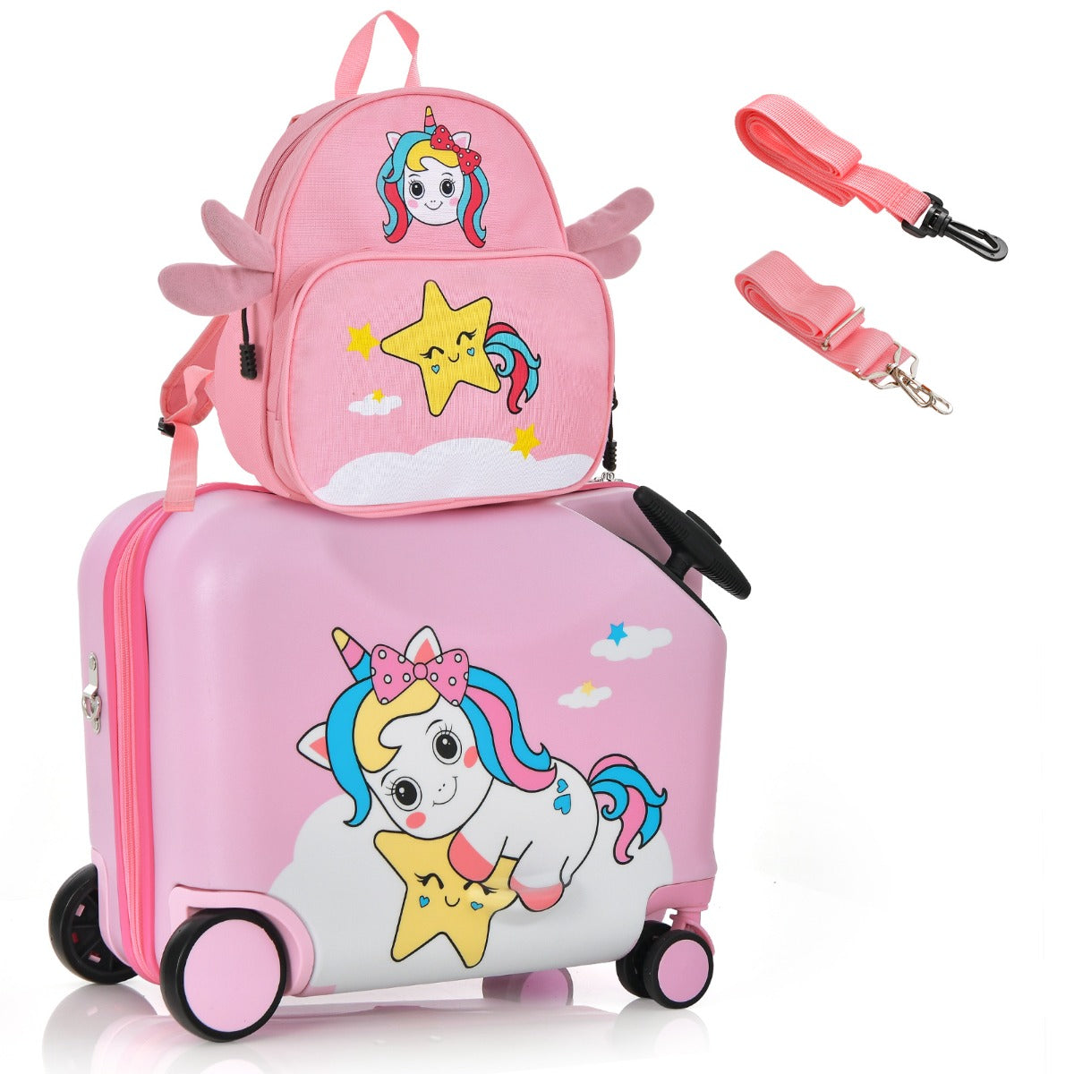 LIVSK Kinderkofferset - 47 cm Koffer met 30 cm Rugzak - Verstelbaar Handvat - Universele Wielen - Voor Kinderen 3+ - Roze
