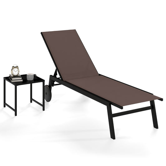 Livsk costway set van 2 stuks patio ligstoel van ademend materiaal met bijzettafel van gehard glas