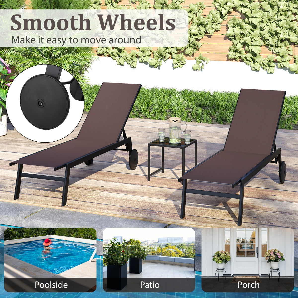 Livsk costway set van 2 stuks patio ligstoel van ademend materiaal met bijzettafel van gehard glas 6