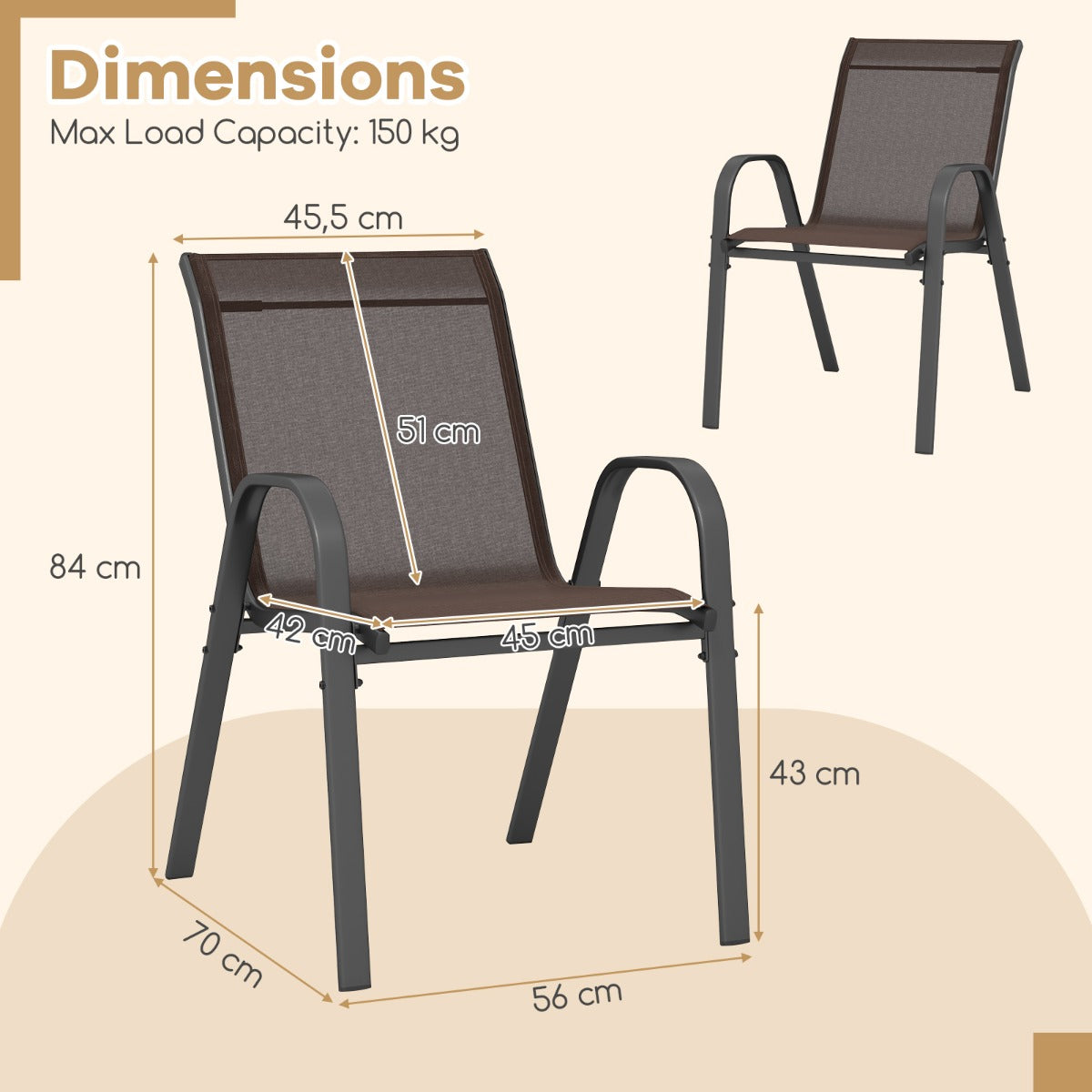 Livsk costway set van 2 terrasstoelen stapelbare metalen eetkamerstoel met armleuningen tuinstoel van ademende bruin 1
