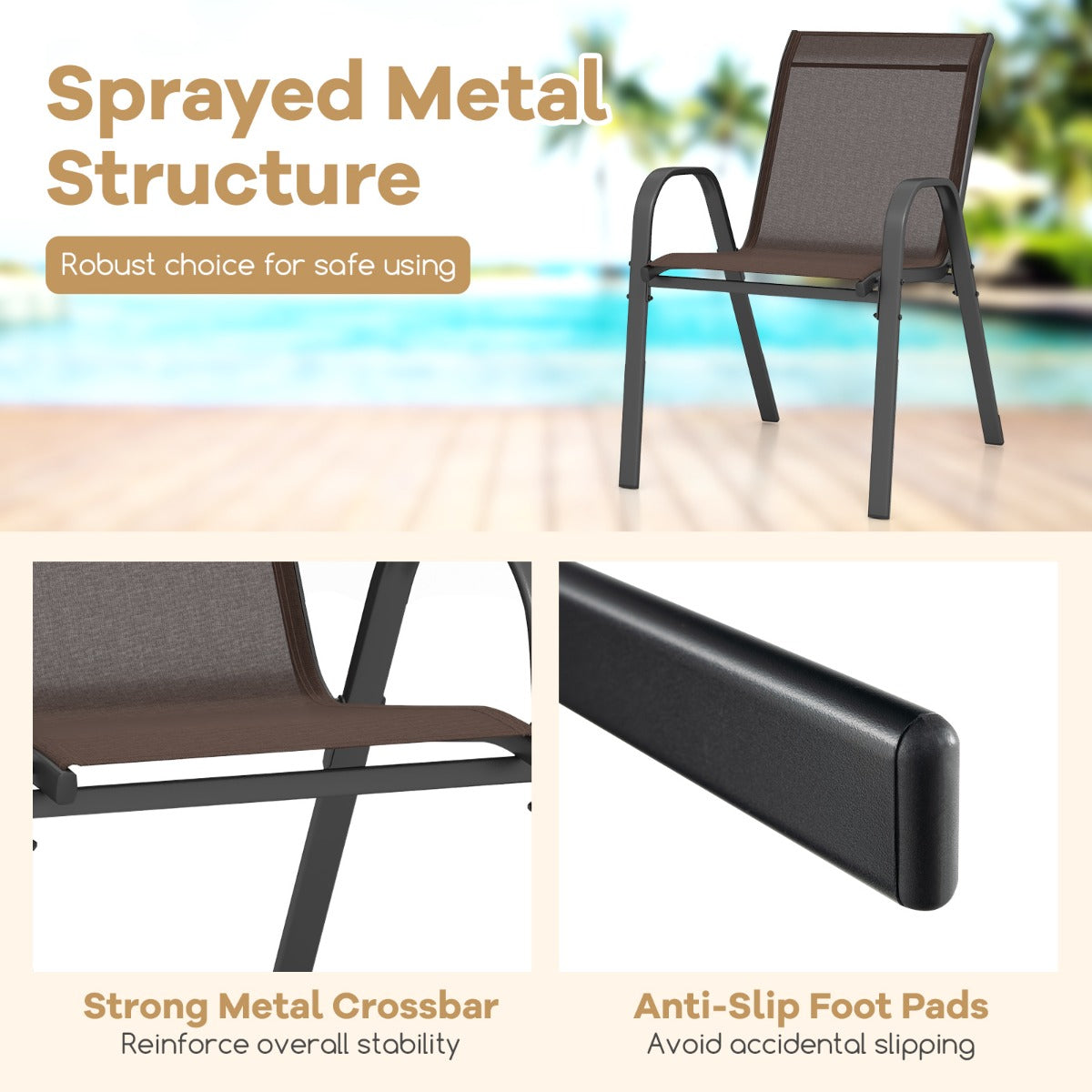 Livsk costway set van 2 terrasstoelen stapelbare metalen eetkamerstoel met armleuningen tuinstoel van ademende bruin