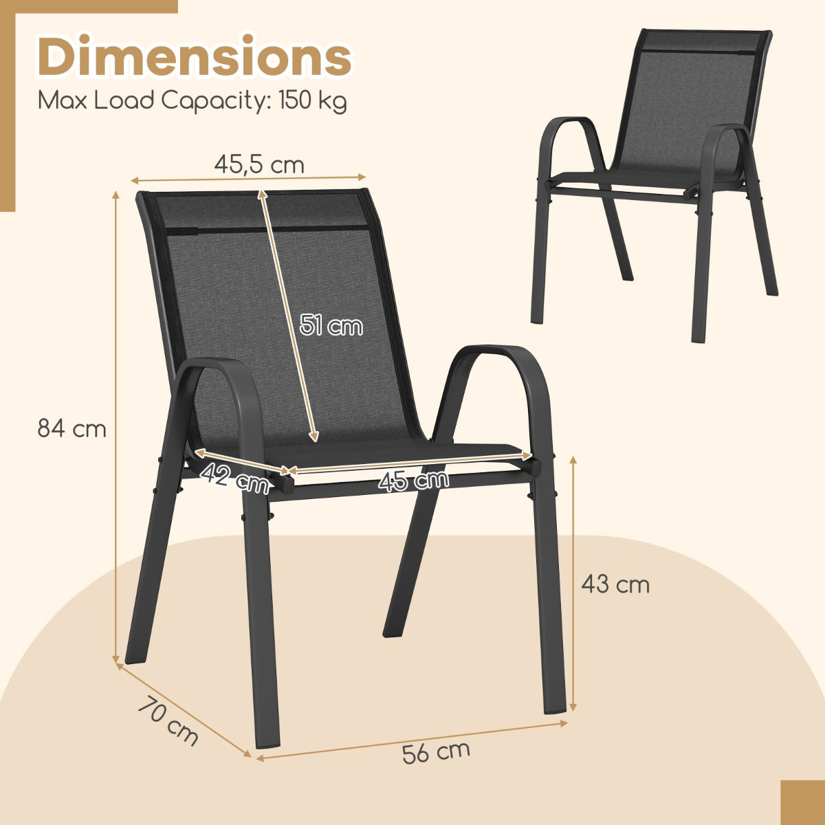 LIVSK Terrasstoelenset - Ergonomisch Ontwerp - Ademend en Sneldrogend - Compact Stapelbaar - Tot 150 kg - Zwart