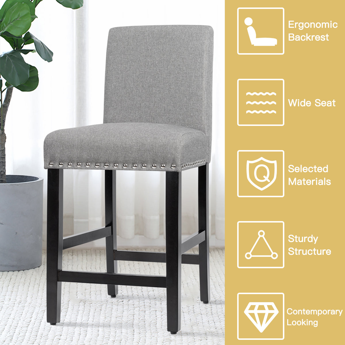 LIVSK Barstoelen - Veerkrachtige Spons - Ergonomische Rugleuning - Rubberhouten Poten - Tot 150 kg - Grijs