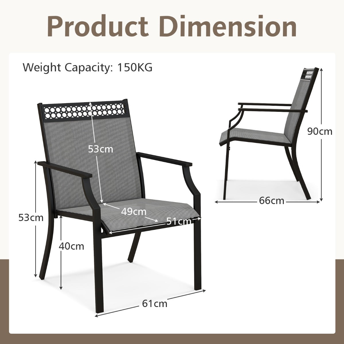 LIVSK Terrasstoelen Set van 2 - Sneldrogend en Duurzaam - Ergonomische Rugleuning - Tot 150 kg - 66 x 61 x 90 cm - Blauw + Zwart