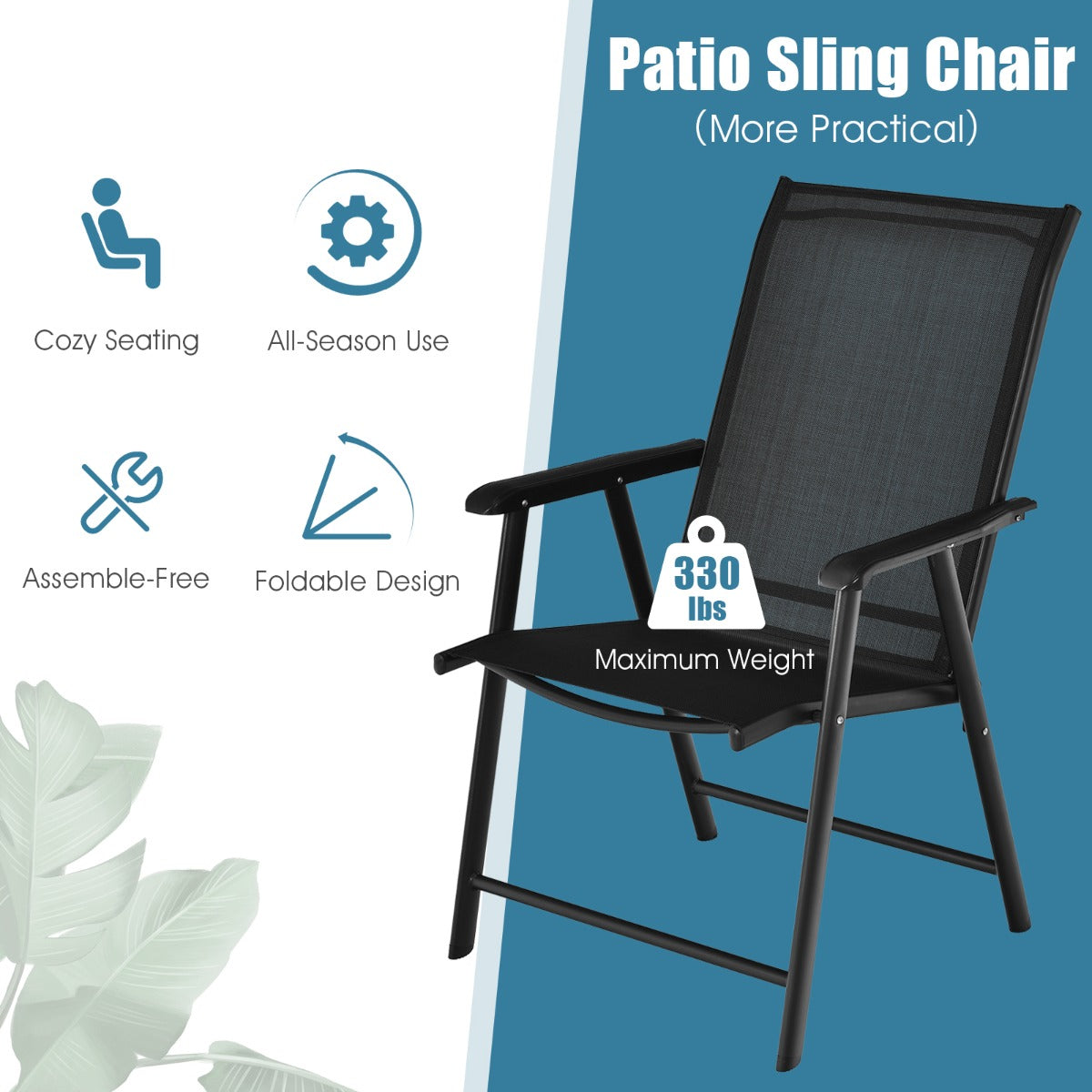 LIVSK Set van 2 Opvouwbare Tuinstoelen - Robuust Metalen Frame - Ergonomische Rugleuning - Hoog Comfort - Tot 150 kg - Zwart